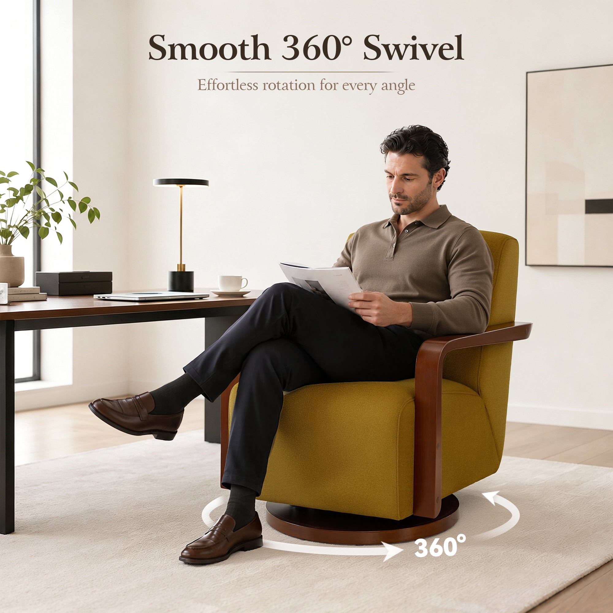 Swivel Glider Accent Chair, Wood Arm, Pet-Friendly Fabric, Classic Style for Living Room & Bedroom