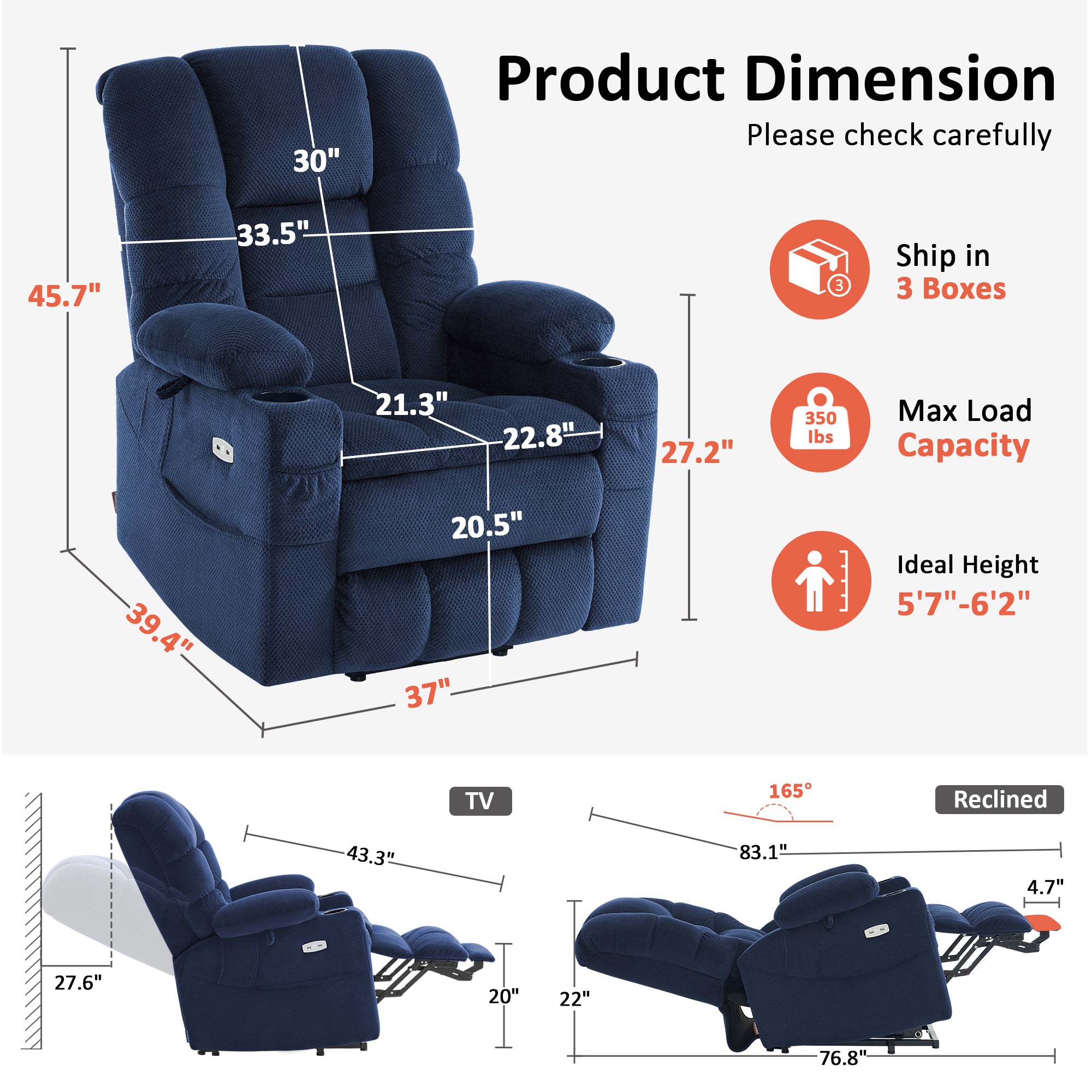 Power Lift Recliner Chair, Triple Motor, Massage and Heat, Fabric 7634|7631|7632|R7635