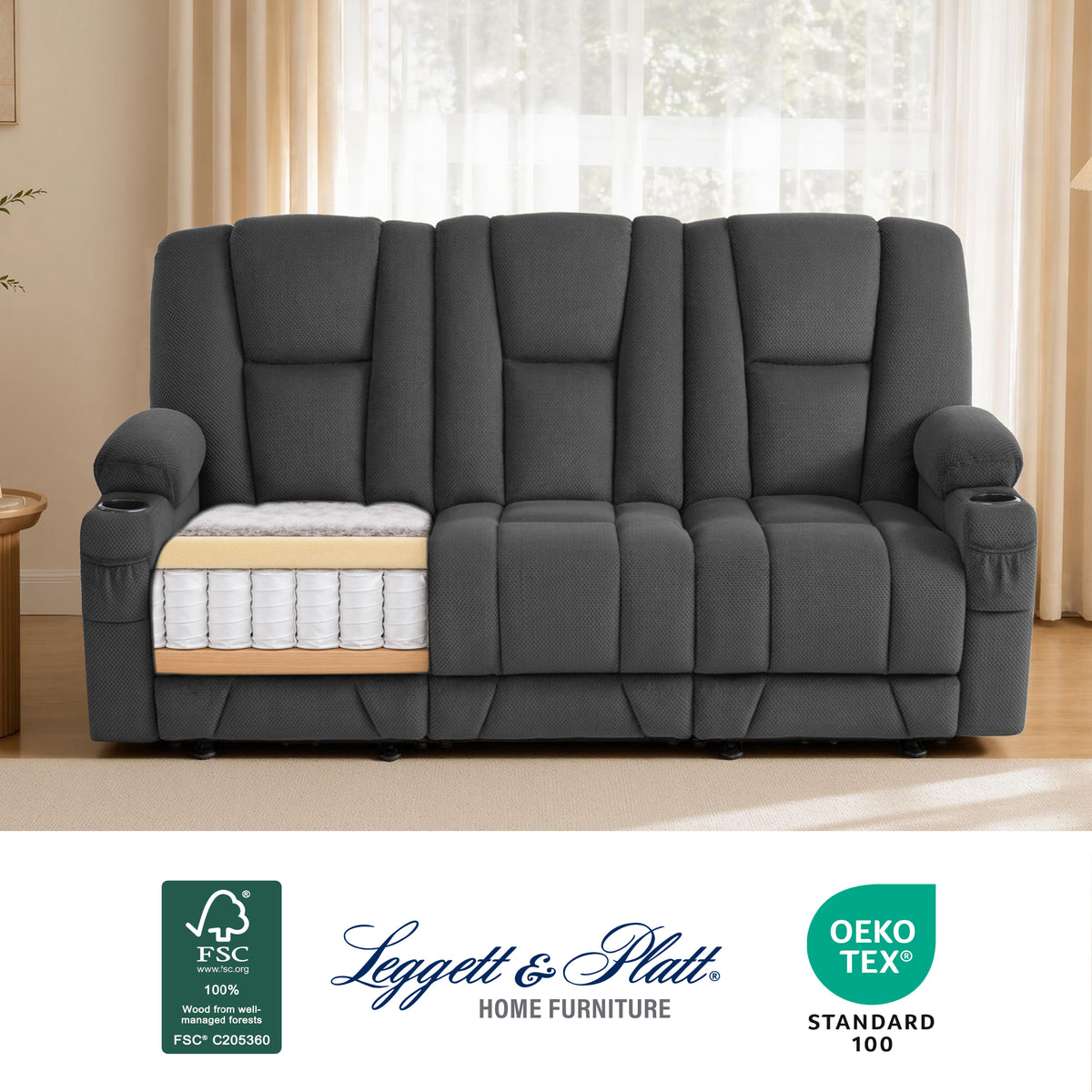 81 in 3 Seater Reclining Sofa with Heat and Massage 6034M3