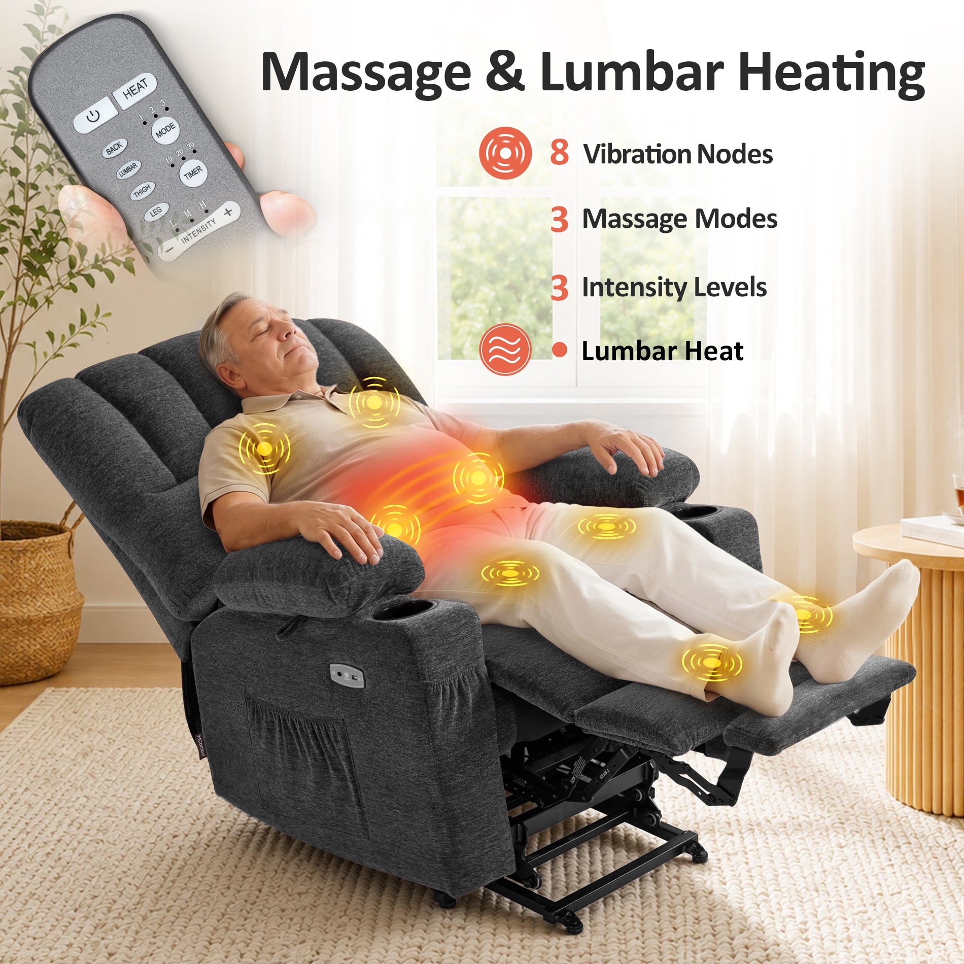 Power Lift Recliner Chair, Massage and Heat, Fabric 7095|7099|R7092|R7096