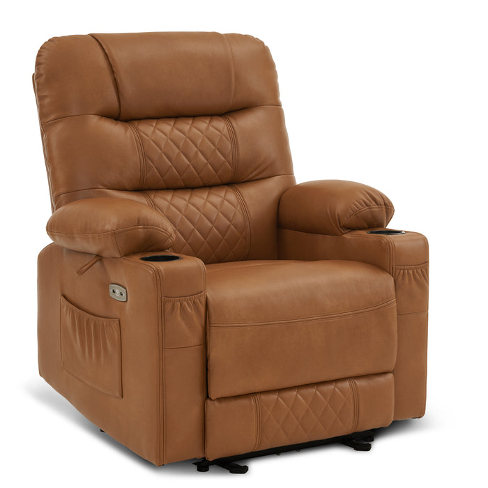 MCombo Power Recliner Chair, Electric Reclining with Heat and Massage for Adult, Cup Holder, USB Port, Extended Footrest, Breathable Leather Electric Reliner Sofa Seat for Living Room, 6160-PR621 (No Lift)