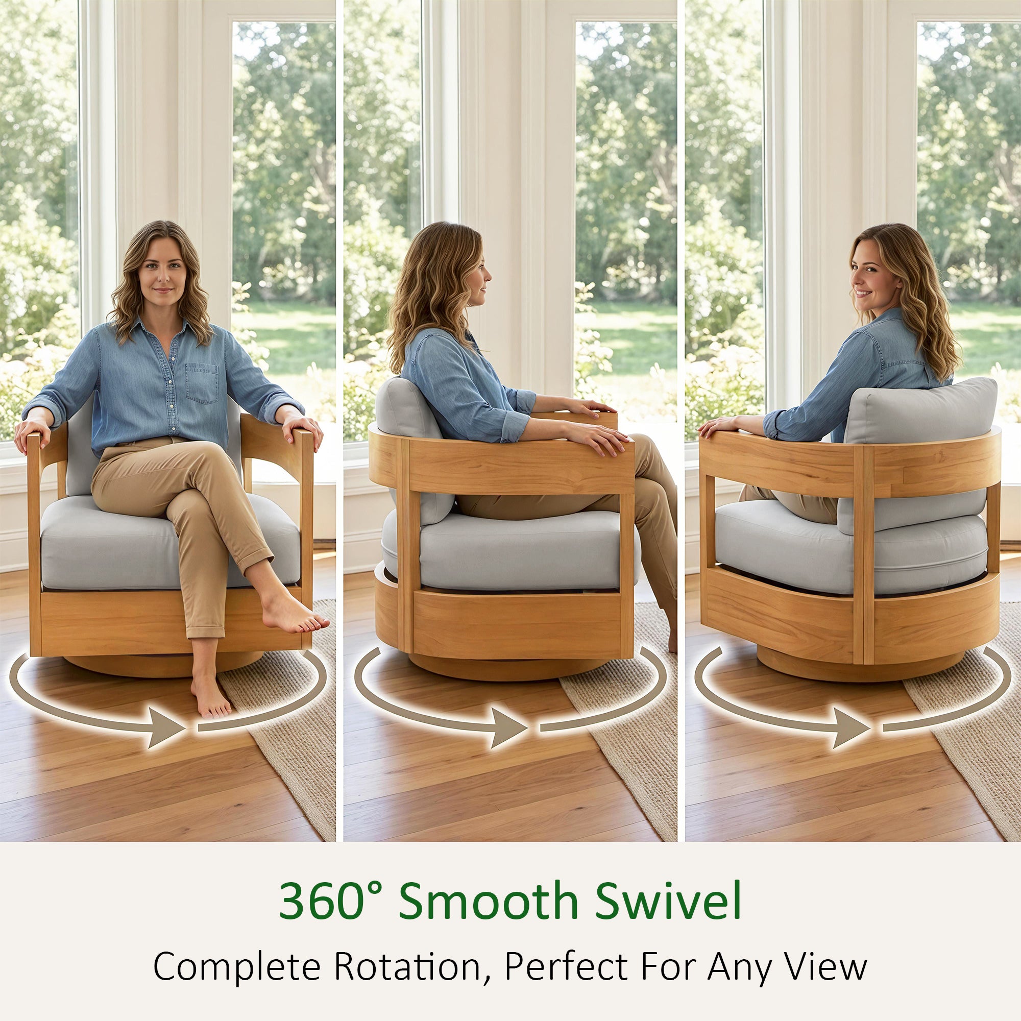 360° Swivel Patio Chair, Outdoor Rotating Armchair with 7.9" Thickened Cushions, Solid Acacia Wood Frame for Backyard, Deck, Indoor OF139