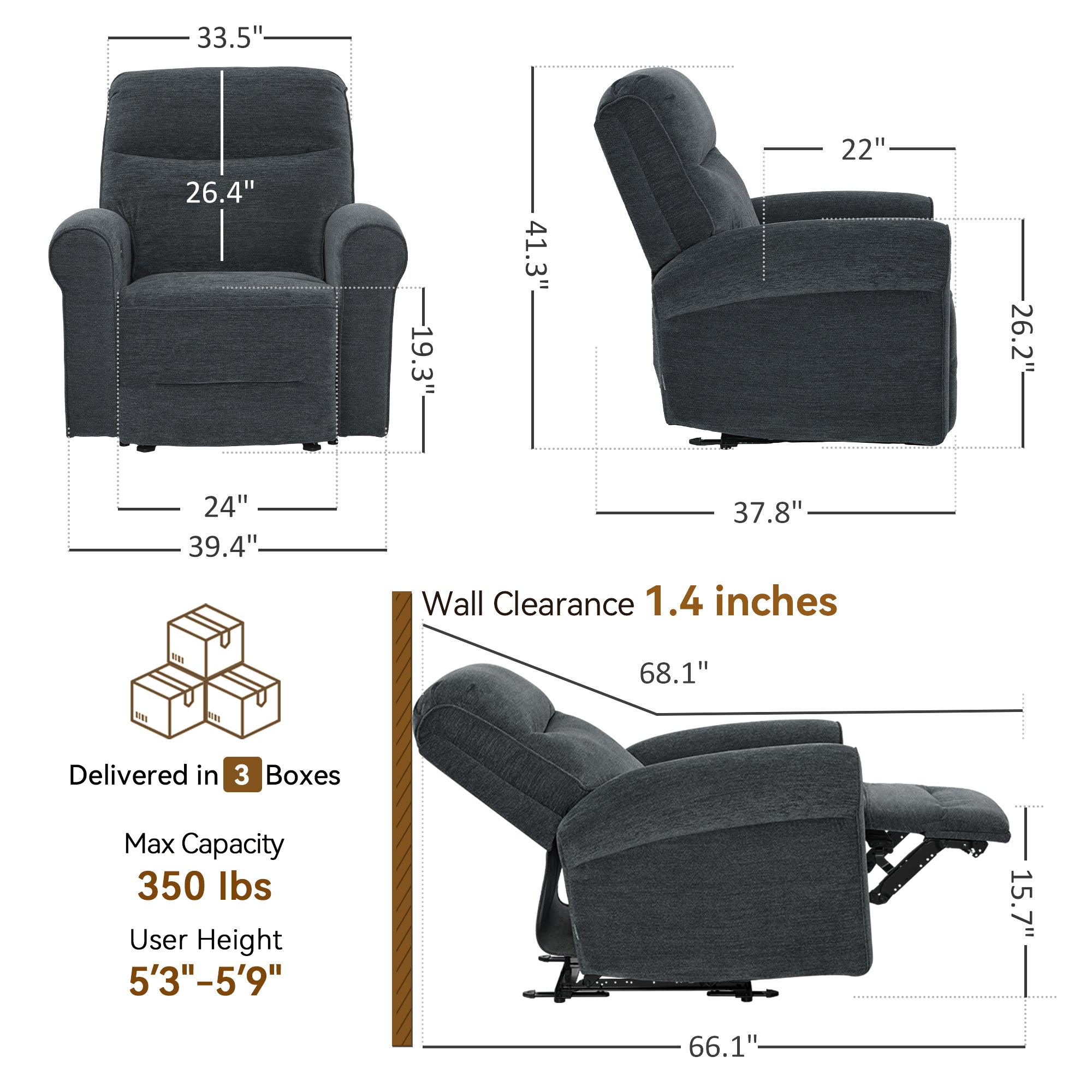 Power Wall Hugger Recliner Chair, Fabric/Faux Leather PR630 PR520