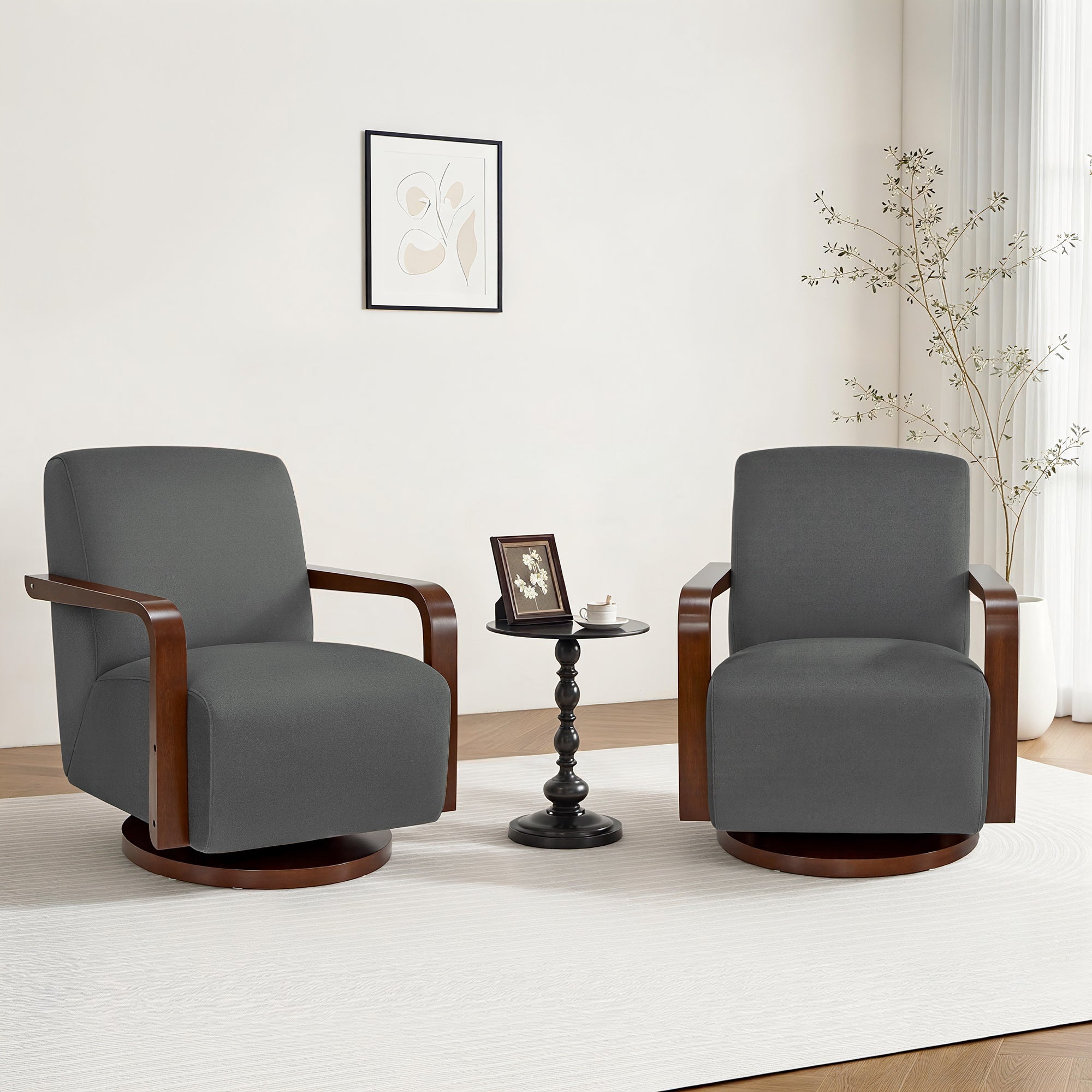 Swivel Glider Accent Chair, Wood Arm, Pet-Friendly Fabric, Classic Style for Living Room & Bedroom
