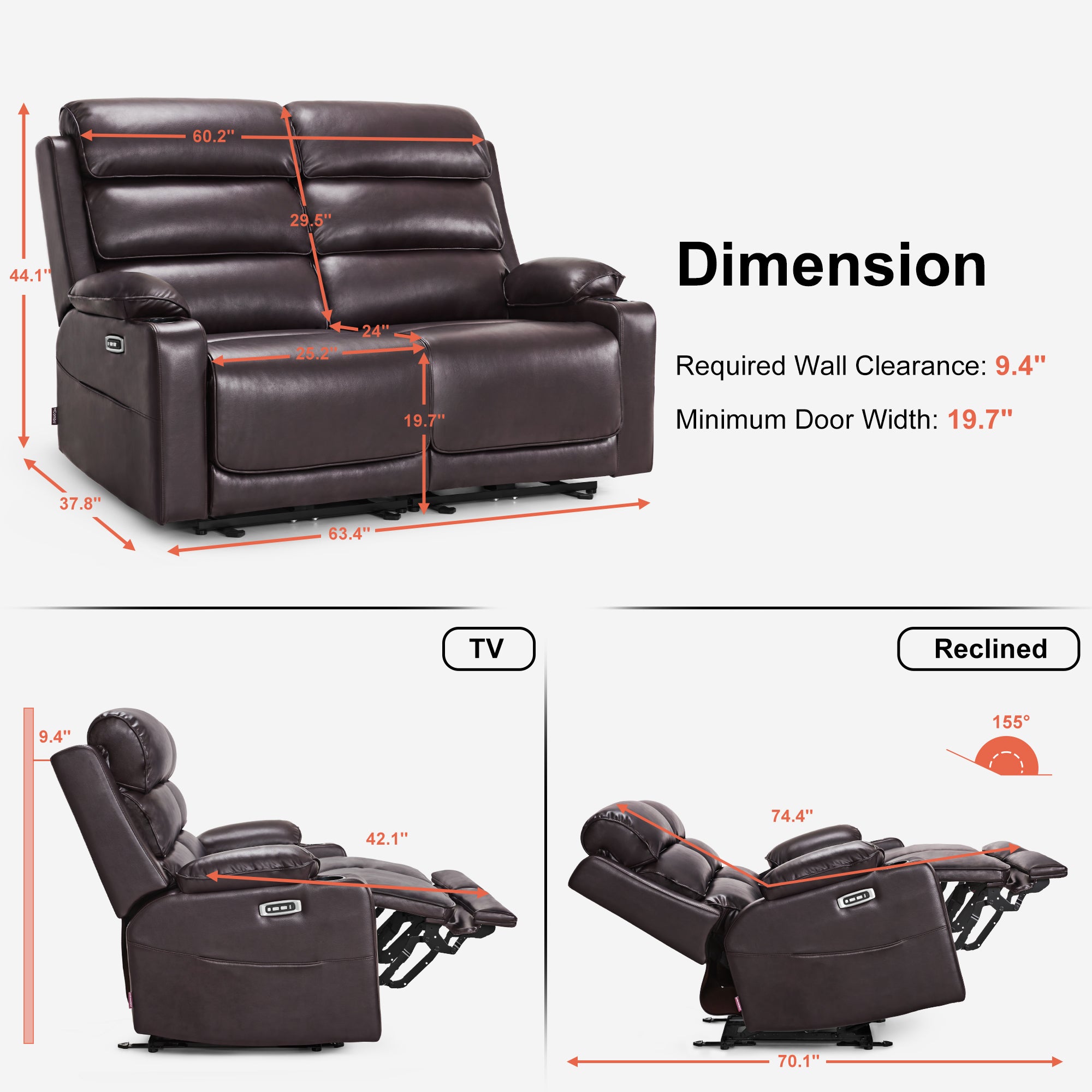 Power Reclining Loveseat with Heat and Massage, Faux Leather 6711