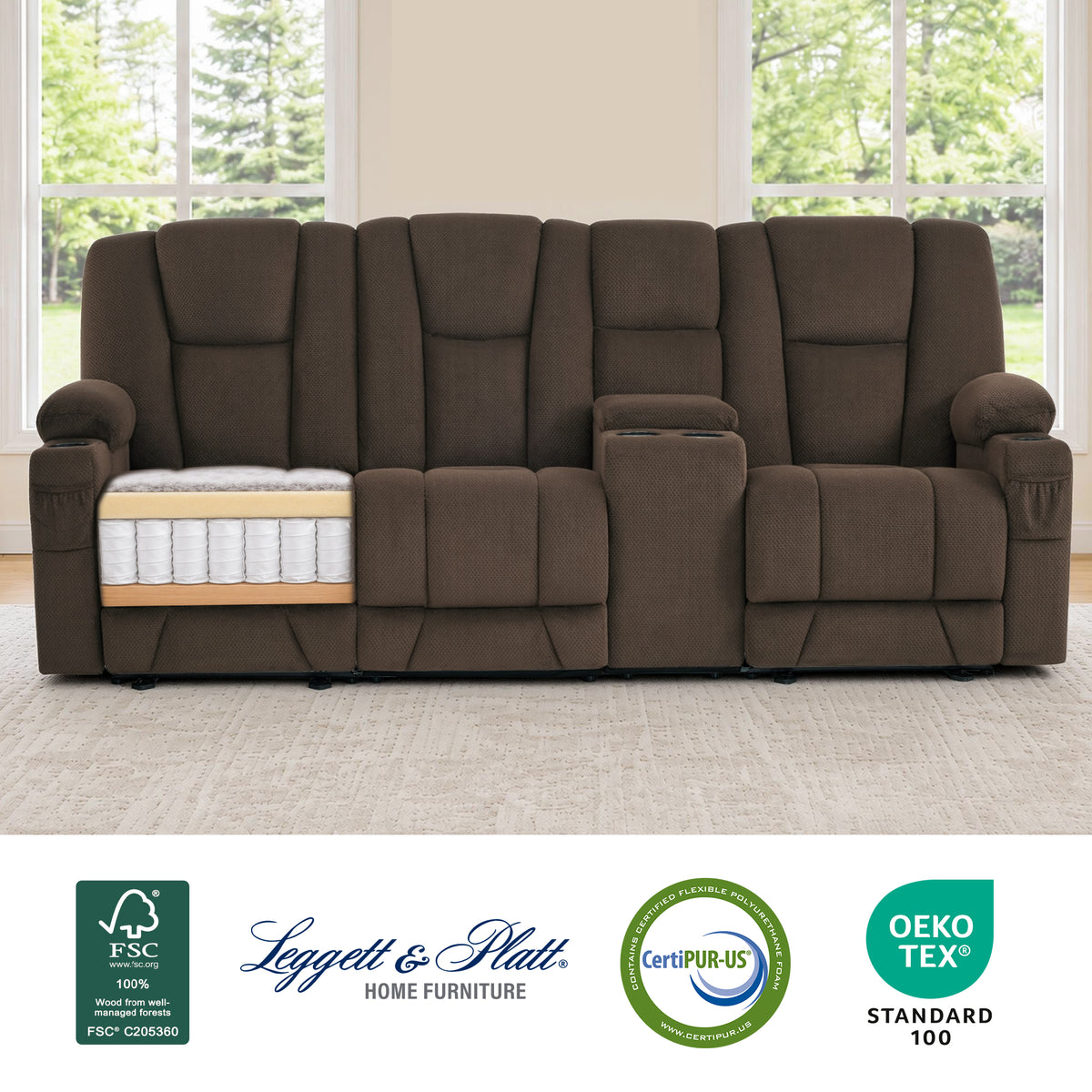 92 in 3 Seater Reclining Sofa with Storage Console 6034M4