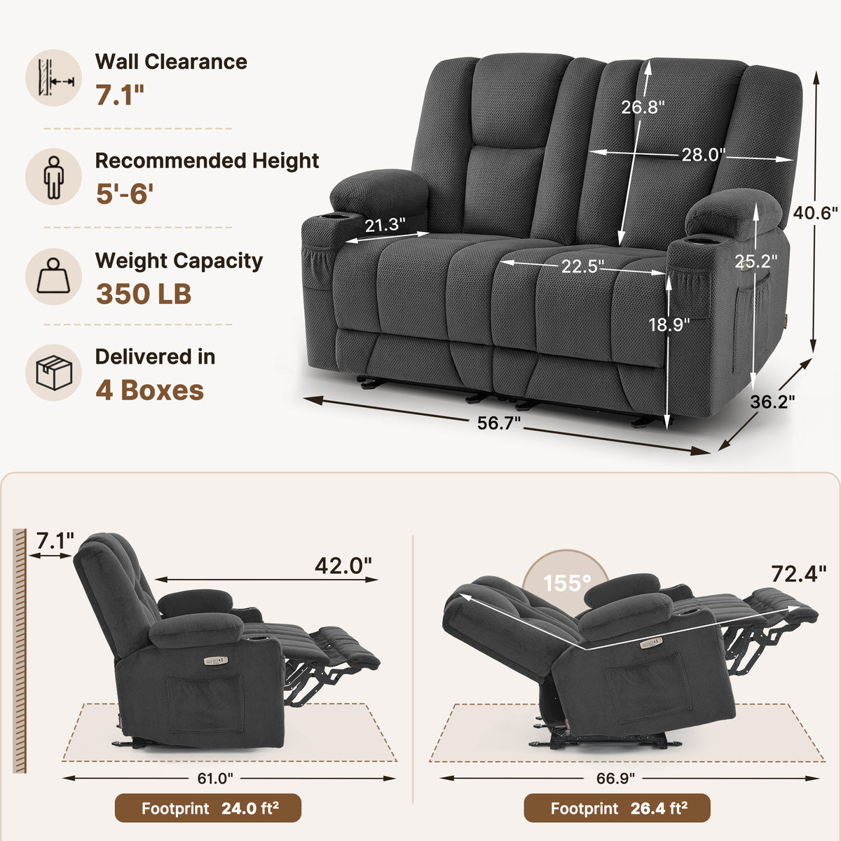 58 in Reclining Loveseat Recliner with Heat & Massage 6034M1