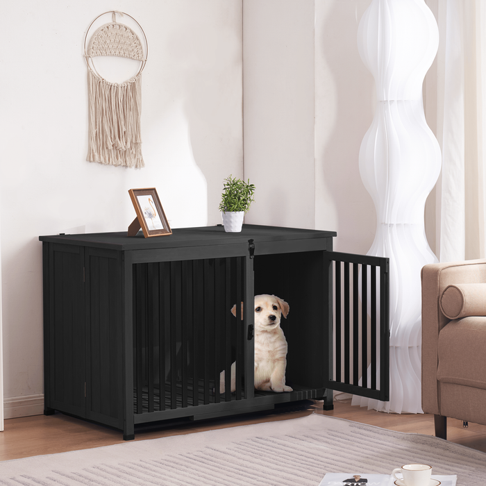 Mcombo Wooden Dog Crate Furniture End Table with Door, No Assembly Portable Foldable Pet Crate Dog Kennel Indoor with Removable Tray