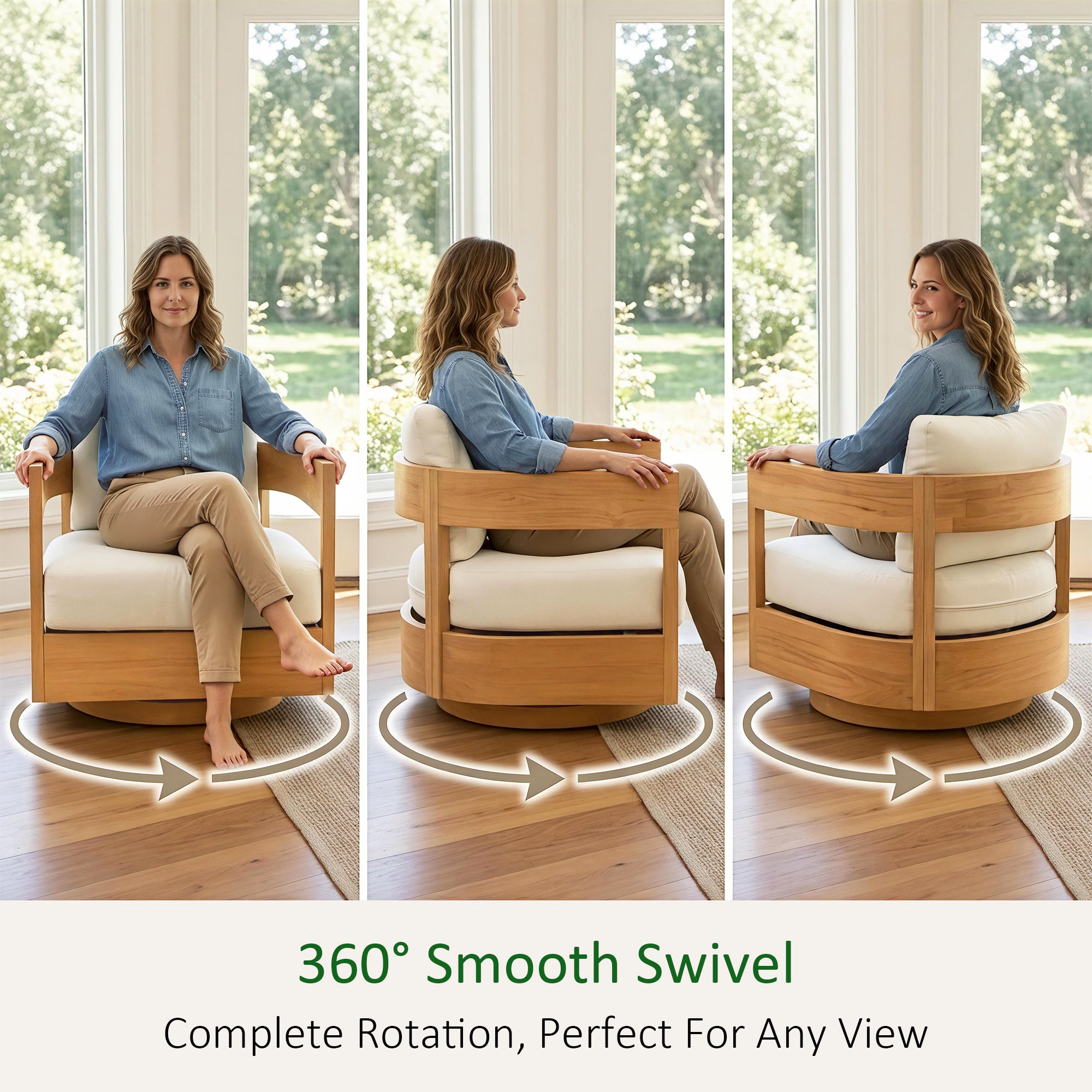 360° Swivel Patio Chair, Outdoor Rotating Armchair with 7.9" Thickened Cushions, Solid Acacia Wood Frame for Backyard, Deck, Indoor OF139