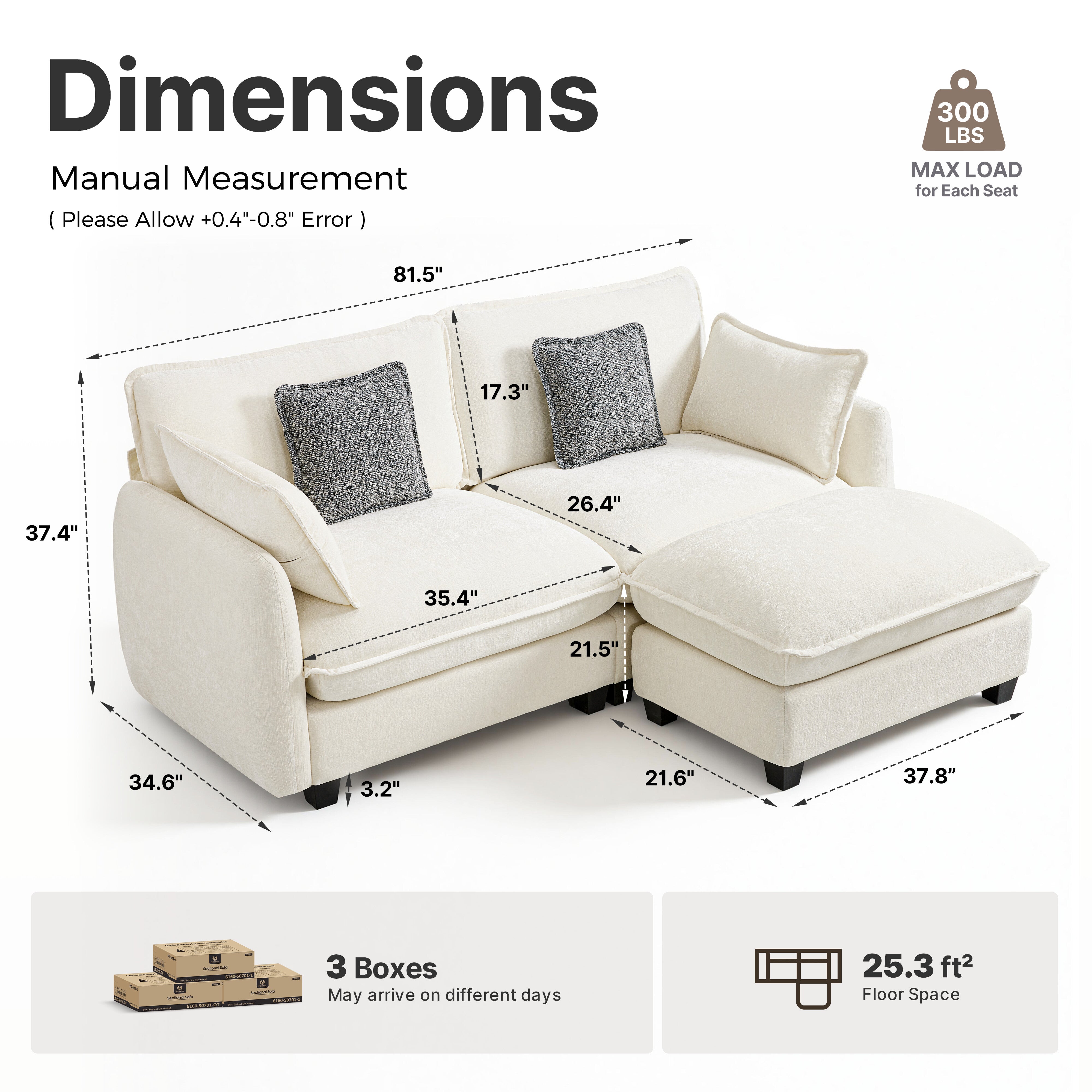 Oversized Cloud Modular Sectional Sofa, FSC Certified Sectional Couches with Ottoman for Living Room S0701
