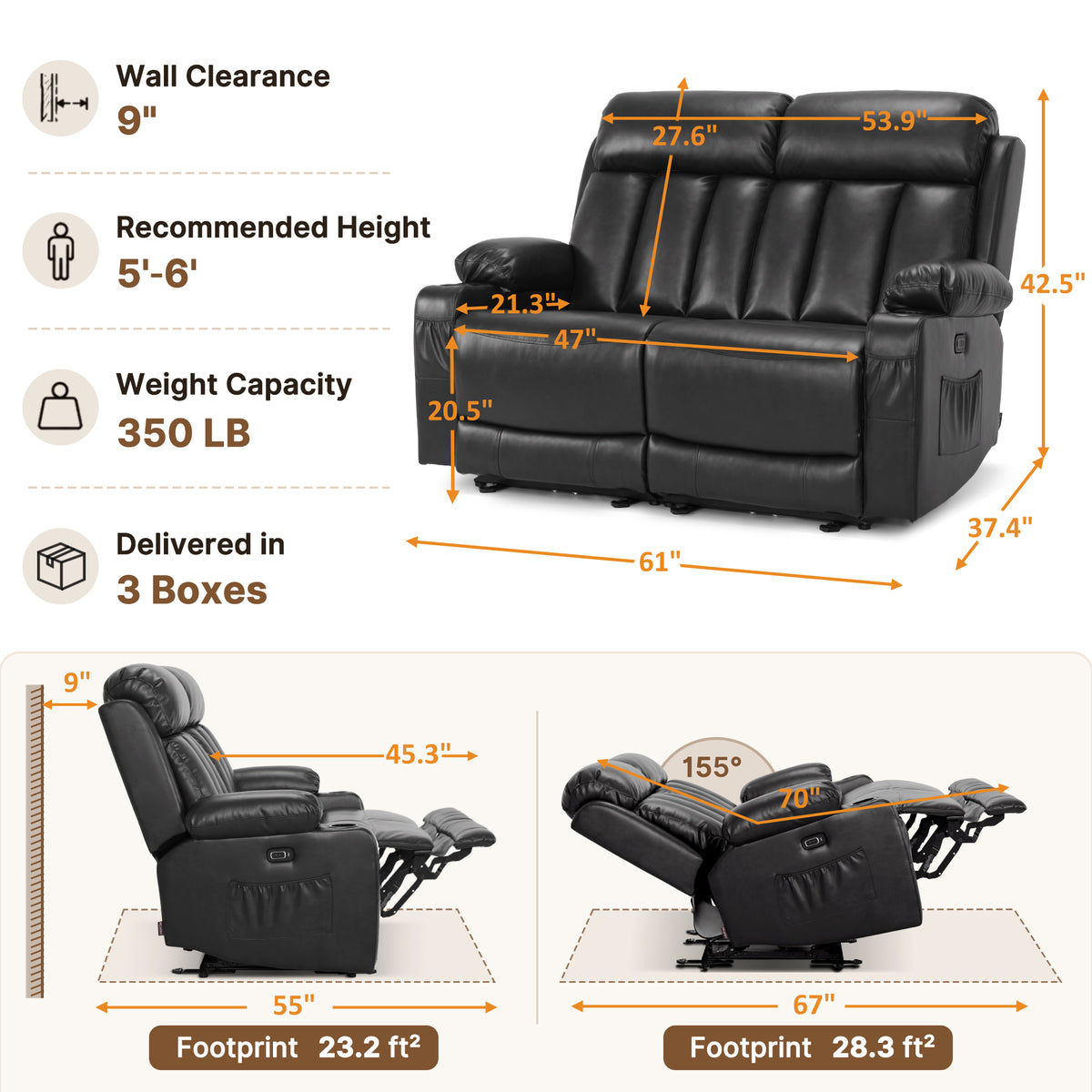 61 in Power Reclining Loveseat with Heat and Massage 6075
