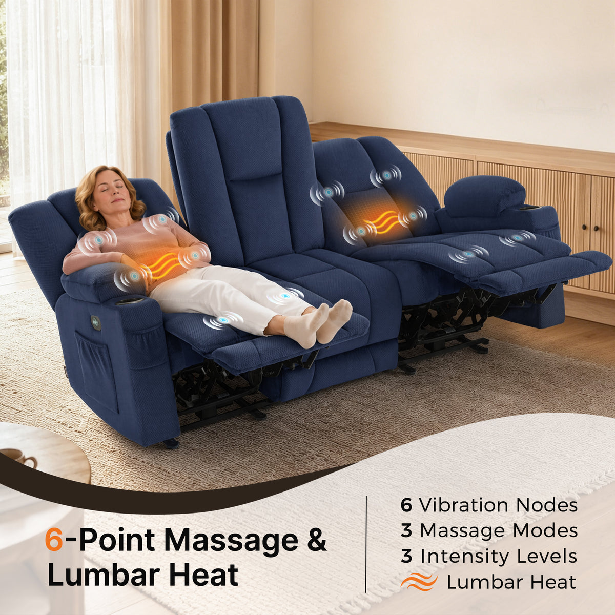 81 in 3 Seater Reclining Sofa with Heat and Massage 6034M3