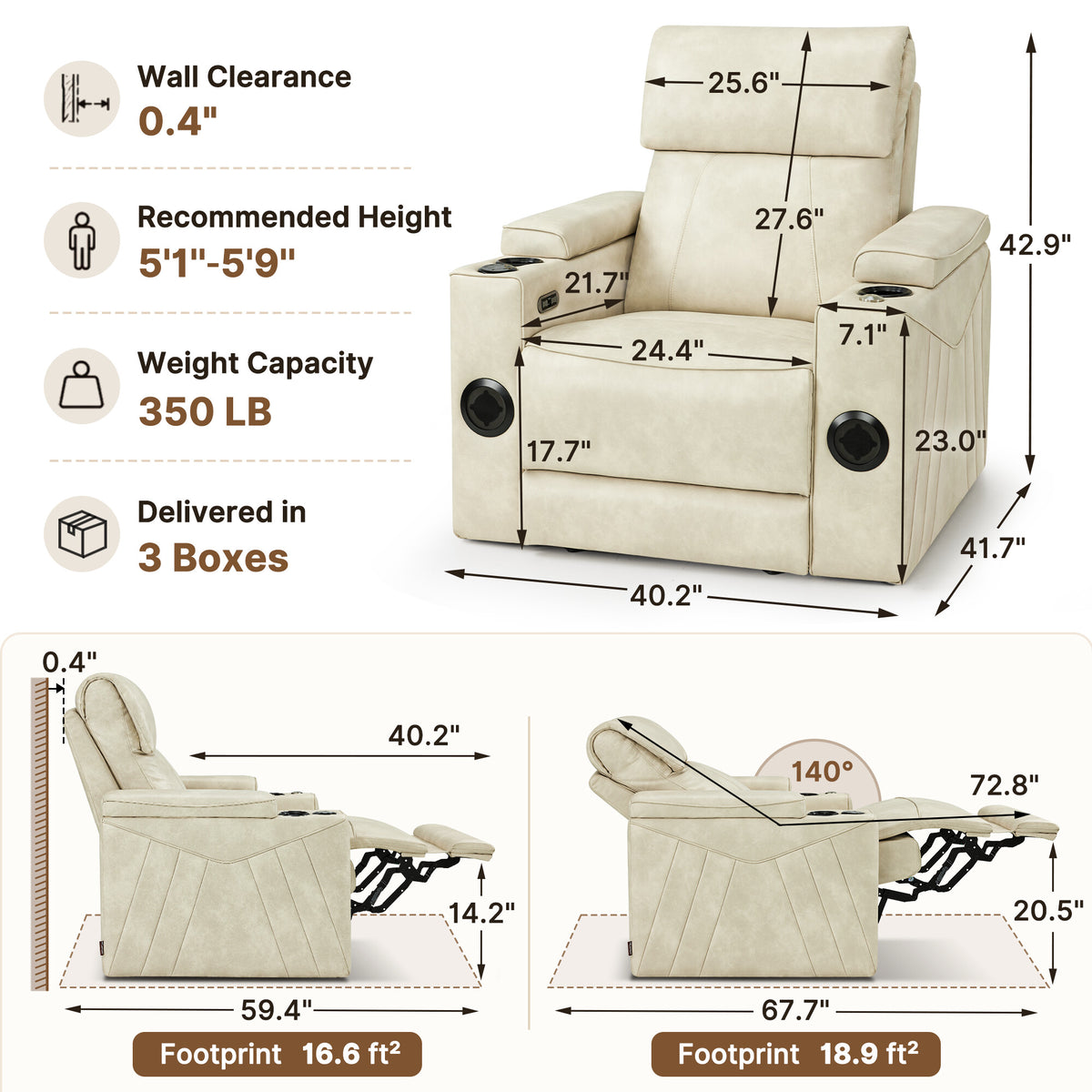 Wall Hugger Recliner Chair for RV, Theater Seating, HTS859