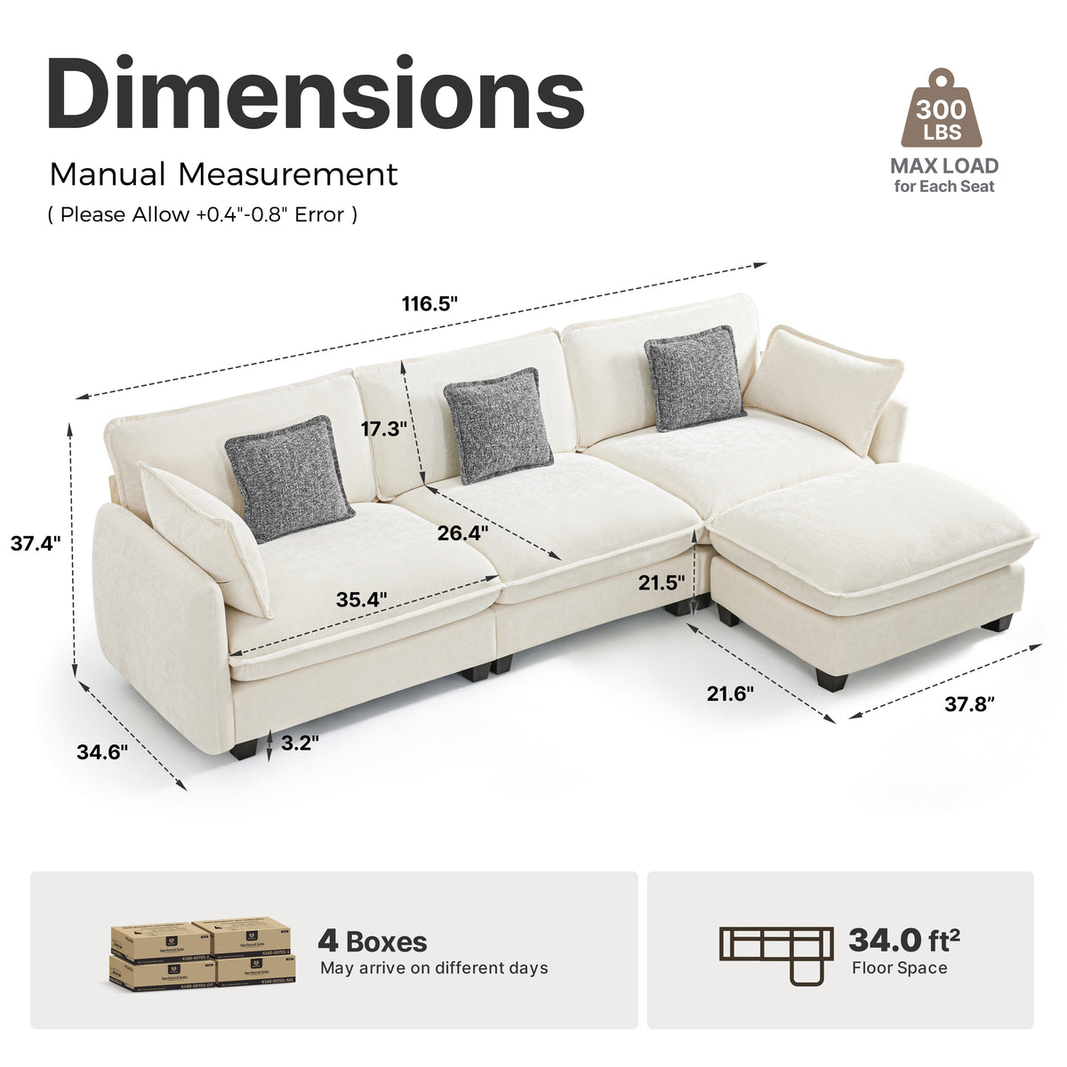 Oversize Sectional Sofa with Ottoman, Cloud Couch 0701