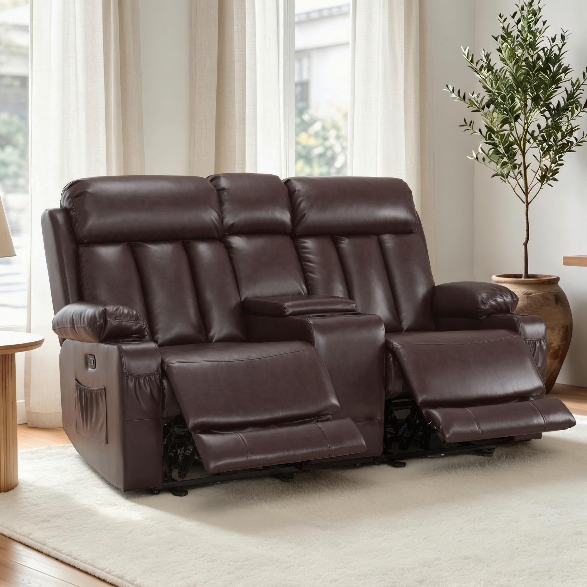 Power Reclining Loveseat with Console, Heat and Massage, Faux leather 6095