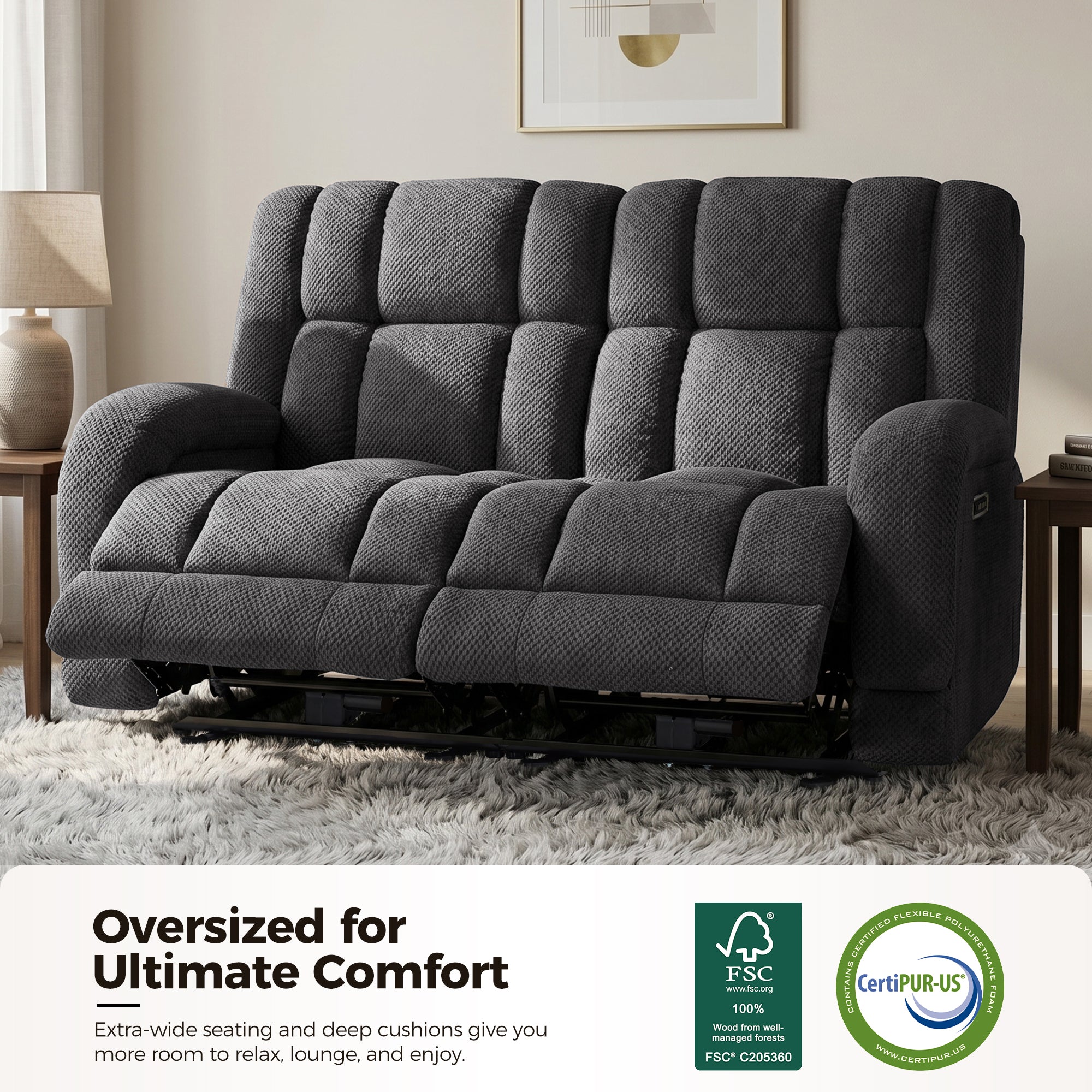 Power Reclining Loveseat with Heat and Massage, Fabric 6855