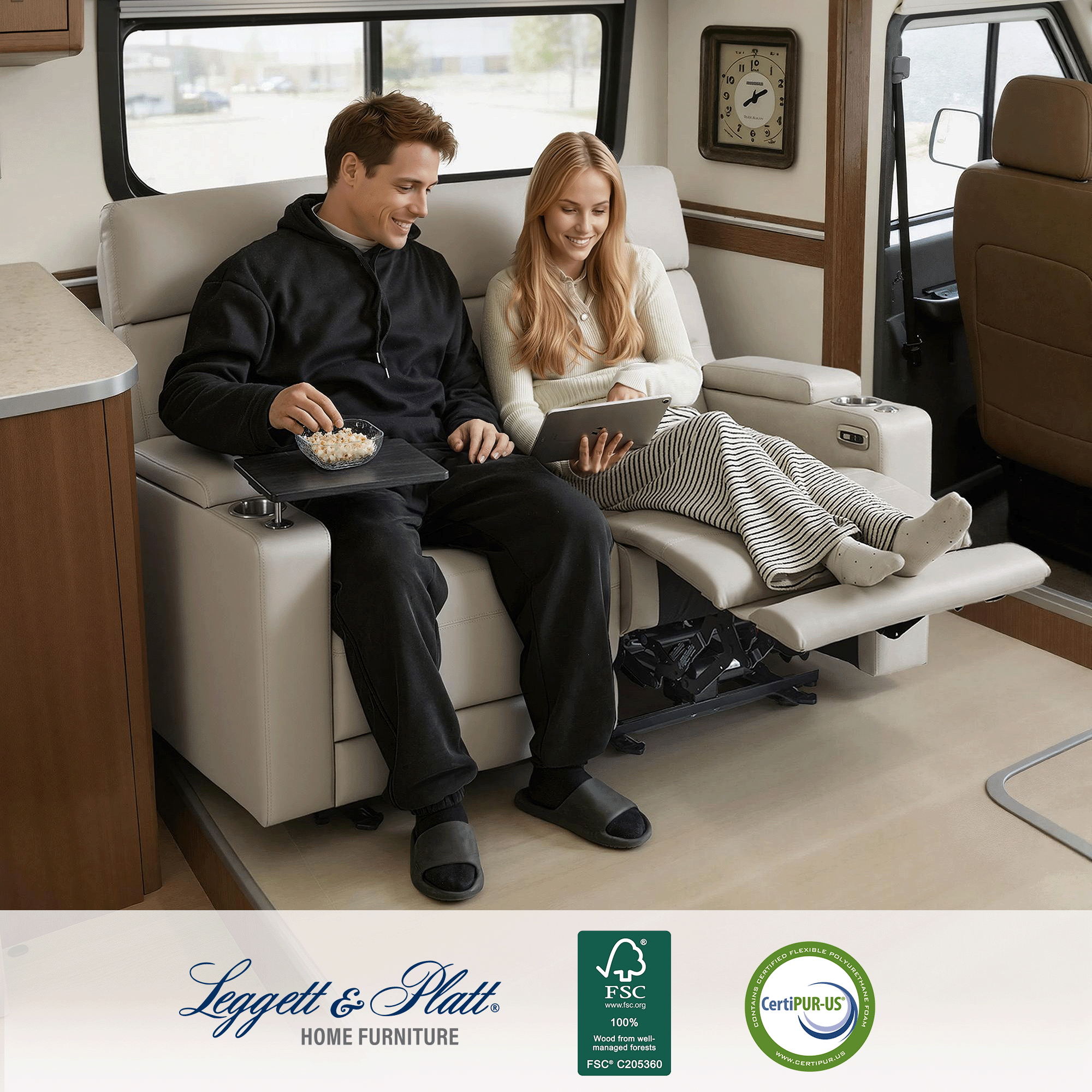 Wall Hugger Power Reclining Loveseat with Console and Outlets for Small Spaces, RV Loveseat Sofa with Armrest Storage, 360° Swivel Tray Table, USB & Type C Ports RV01|RV02