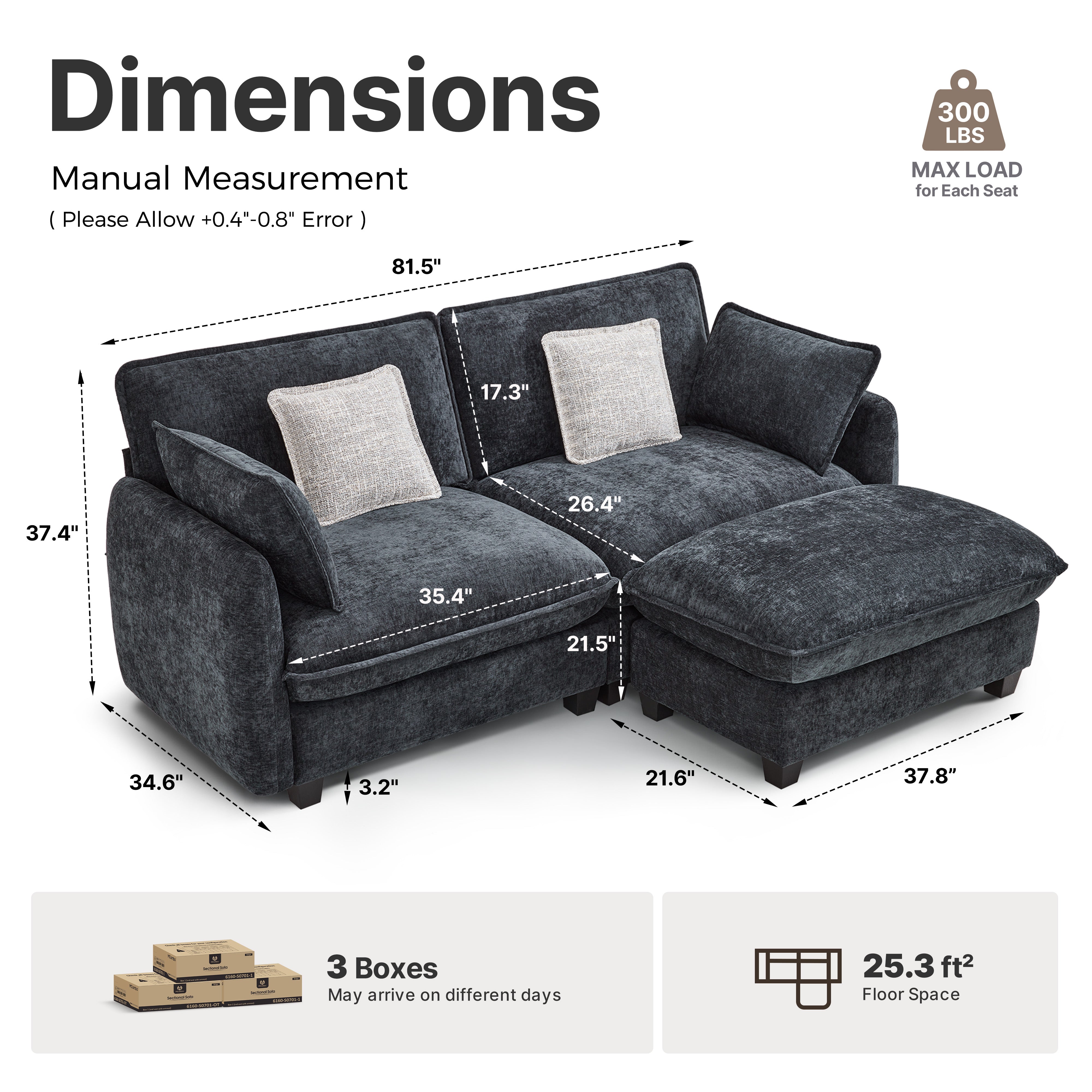Oversized Cloud Modular Sectional Sofa, FSC Certified Sectional Couches with Ottoman for Living Room S0701