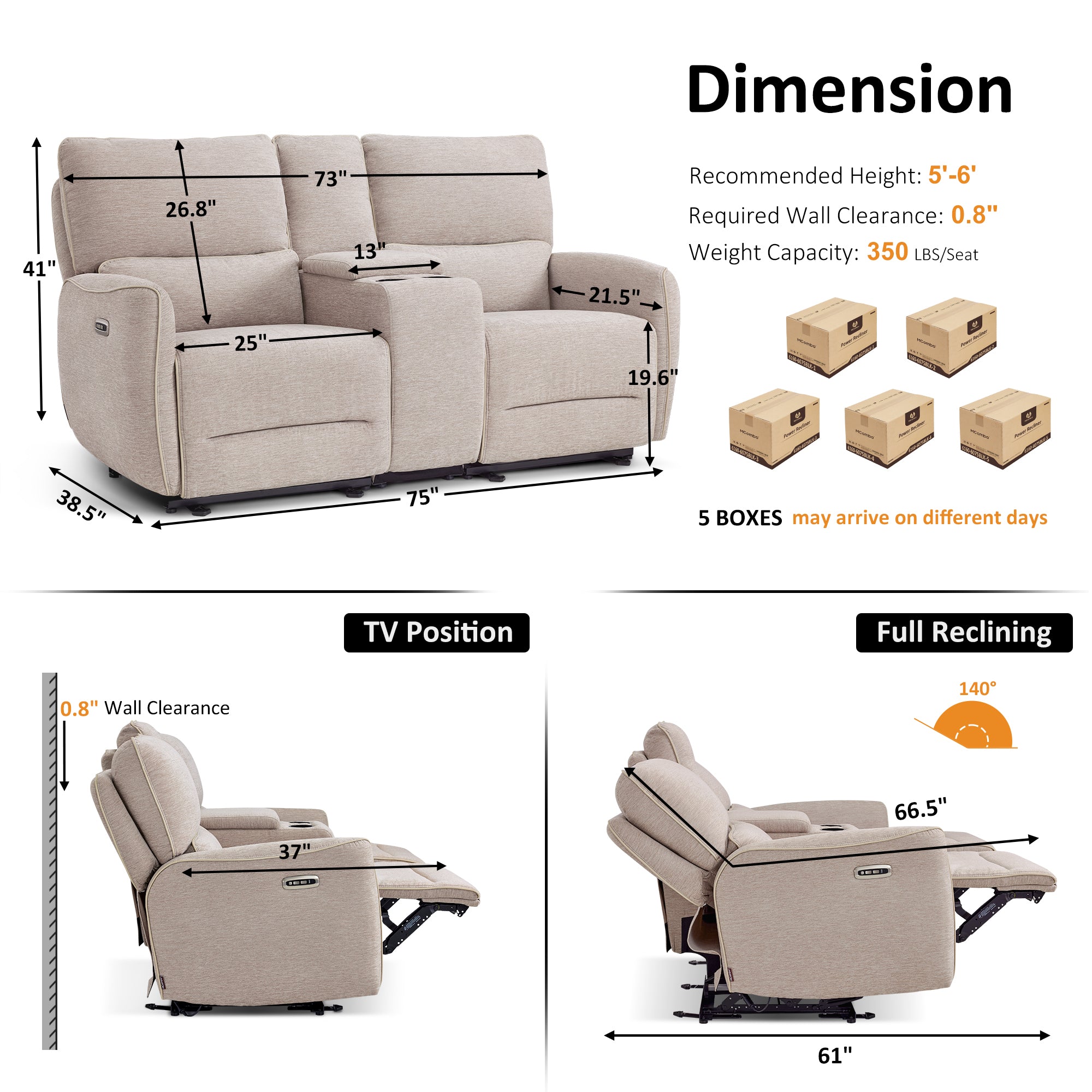 Power Reclining Loveseat with Console and Adjustable Headrest, Wall Hugger, 6926