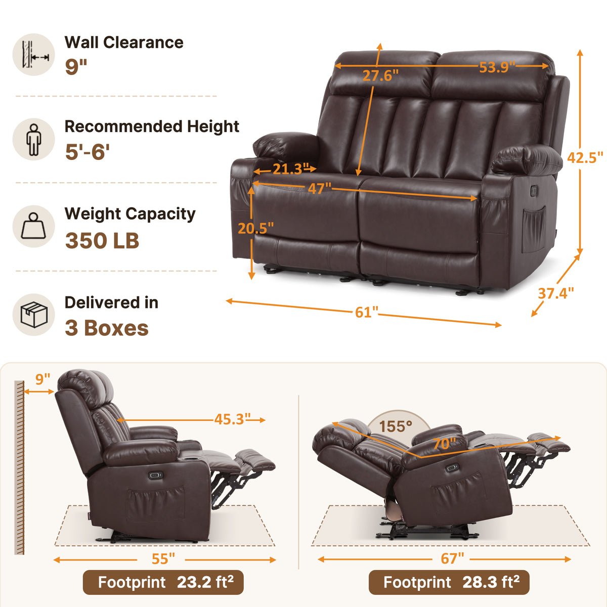 61 in Power Reclining Loveseat with Heat and Massage 6075
