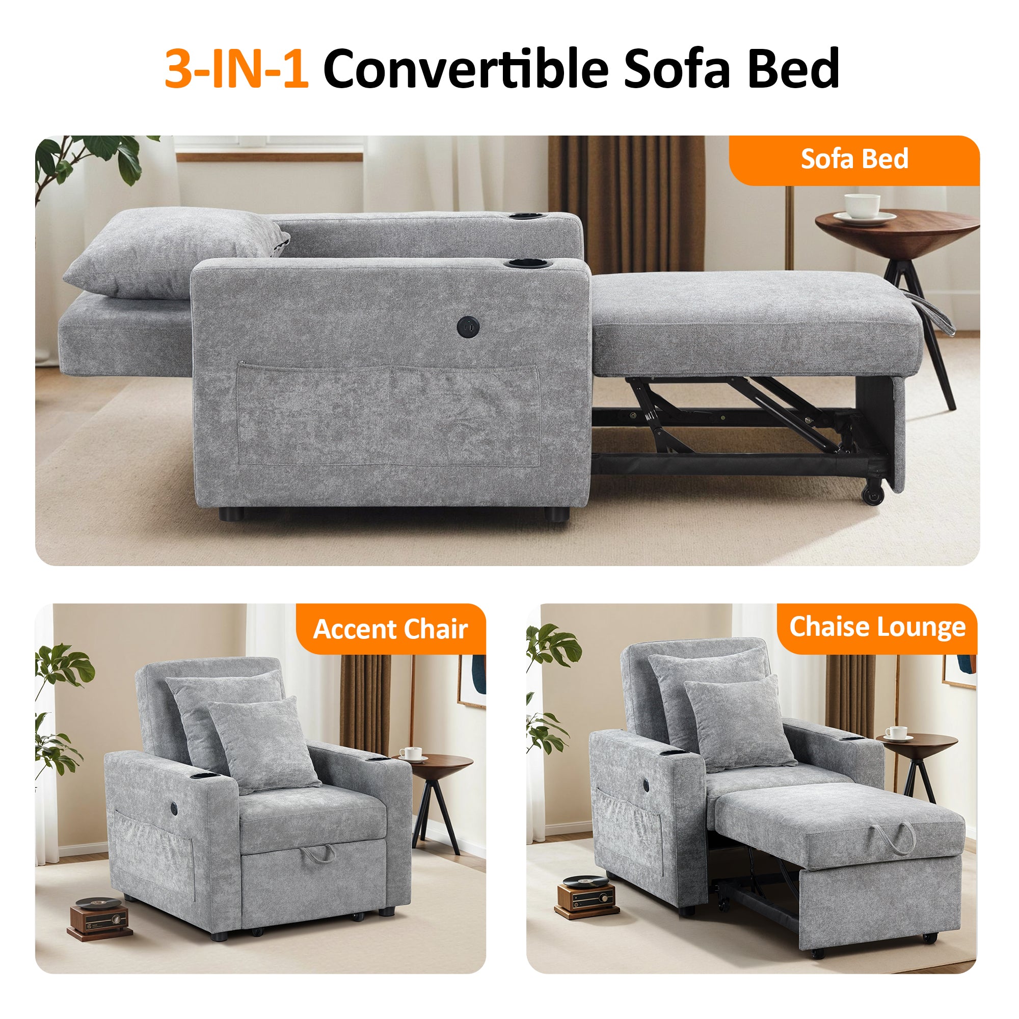 MCombo Convertible Sleeper Chair Bed, 3-in-1 Folding Sofa Chair with Adjustable Backrest, Pull-Out Bed with USB Port, Cup Holders, Linen Fabric, for Small Spaces Living Room Guest Room Office VN6001