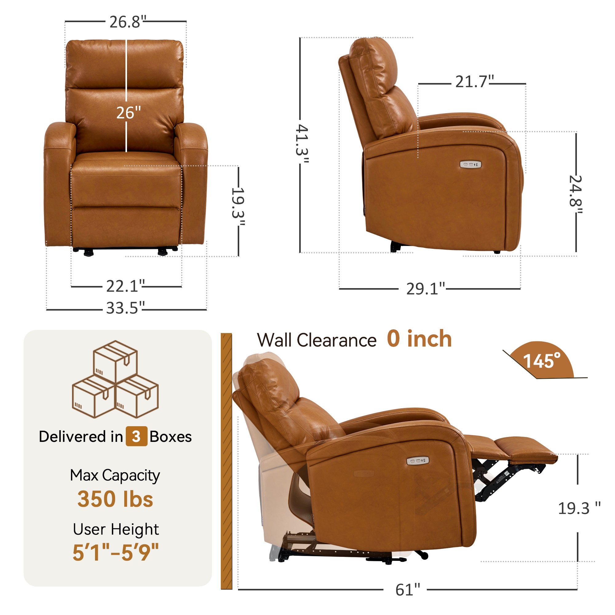 Zero Wall Recliner Chair, Power Recliner with USB & Type-C Dual Charge Ports, for Small Space, Living Room, RV PR644