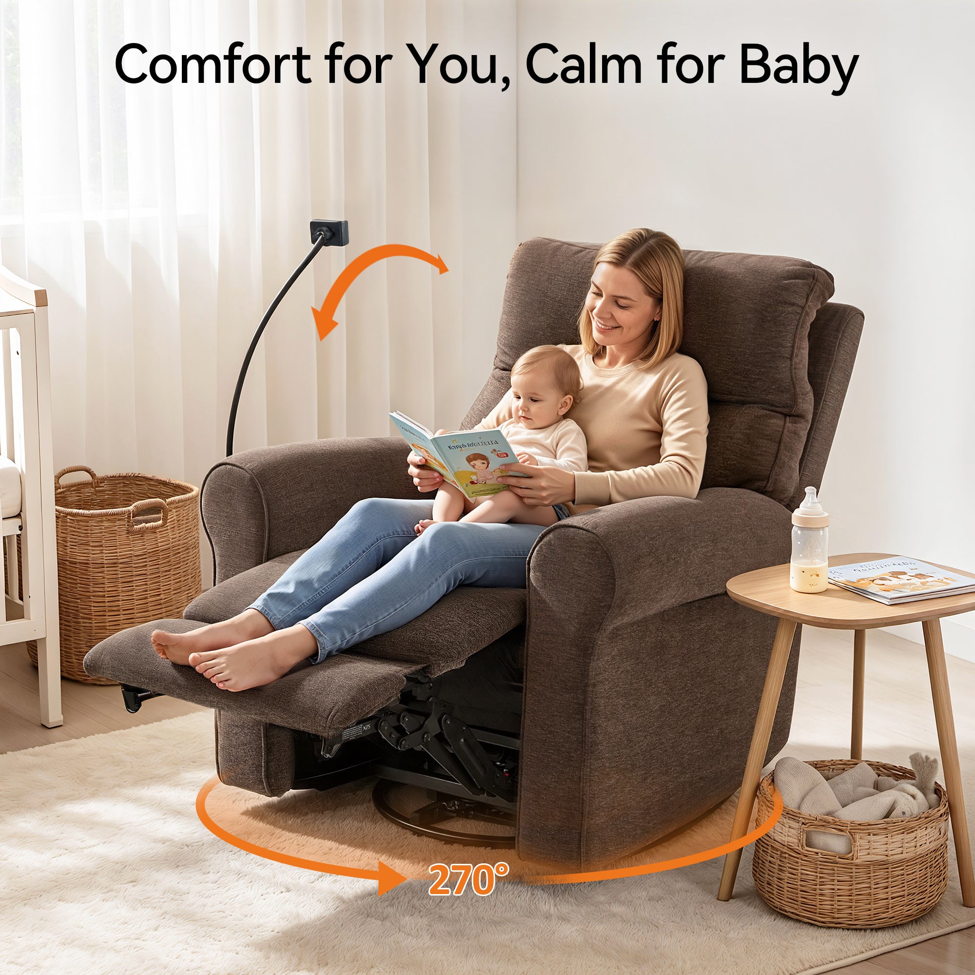 Triple Motor Power Swivel Rocker Recliner with Adjustable Headrest & Extended Footrest, Fabric PR638