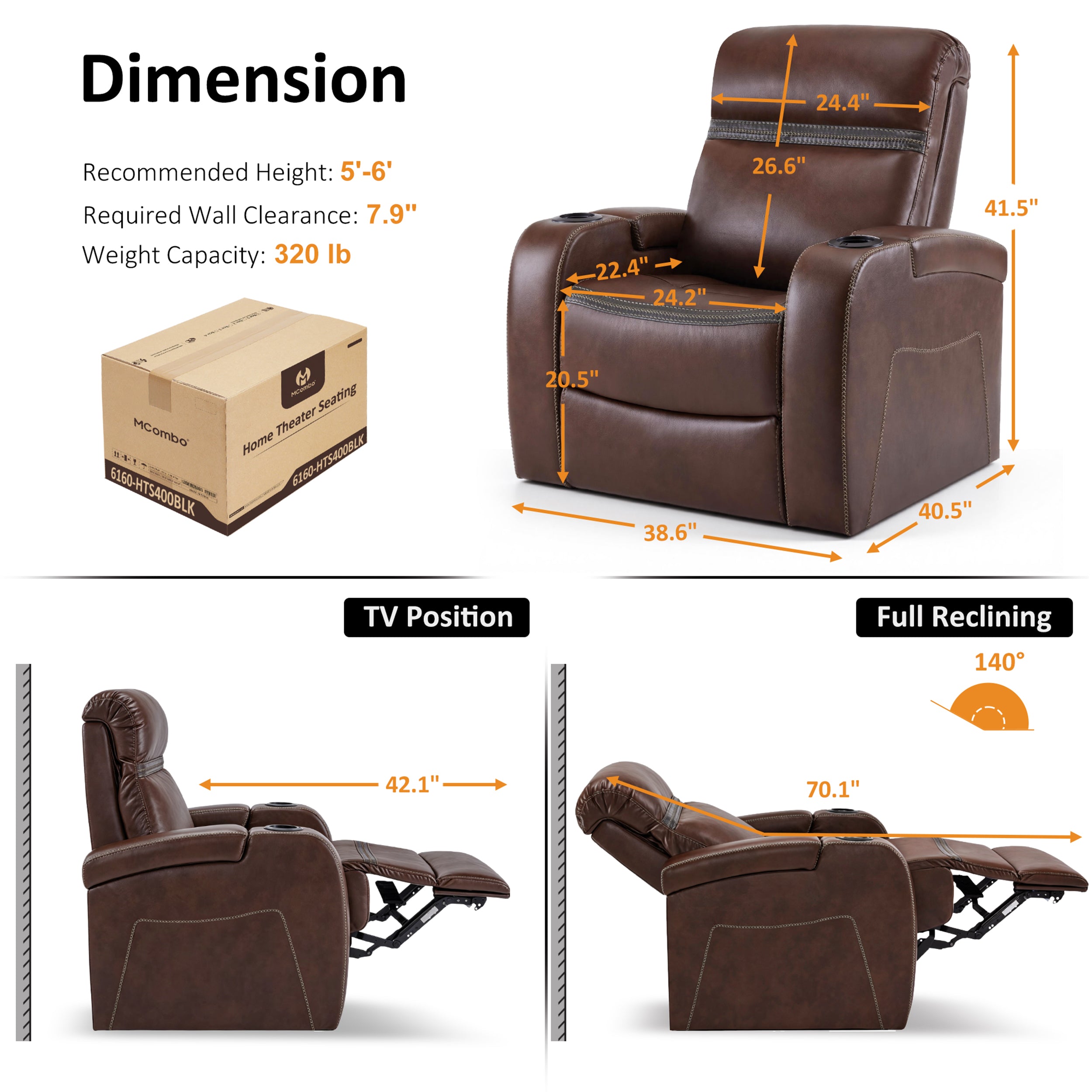 Power Recliner Chair, Home Theater Seating, Faux Leather HTS400