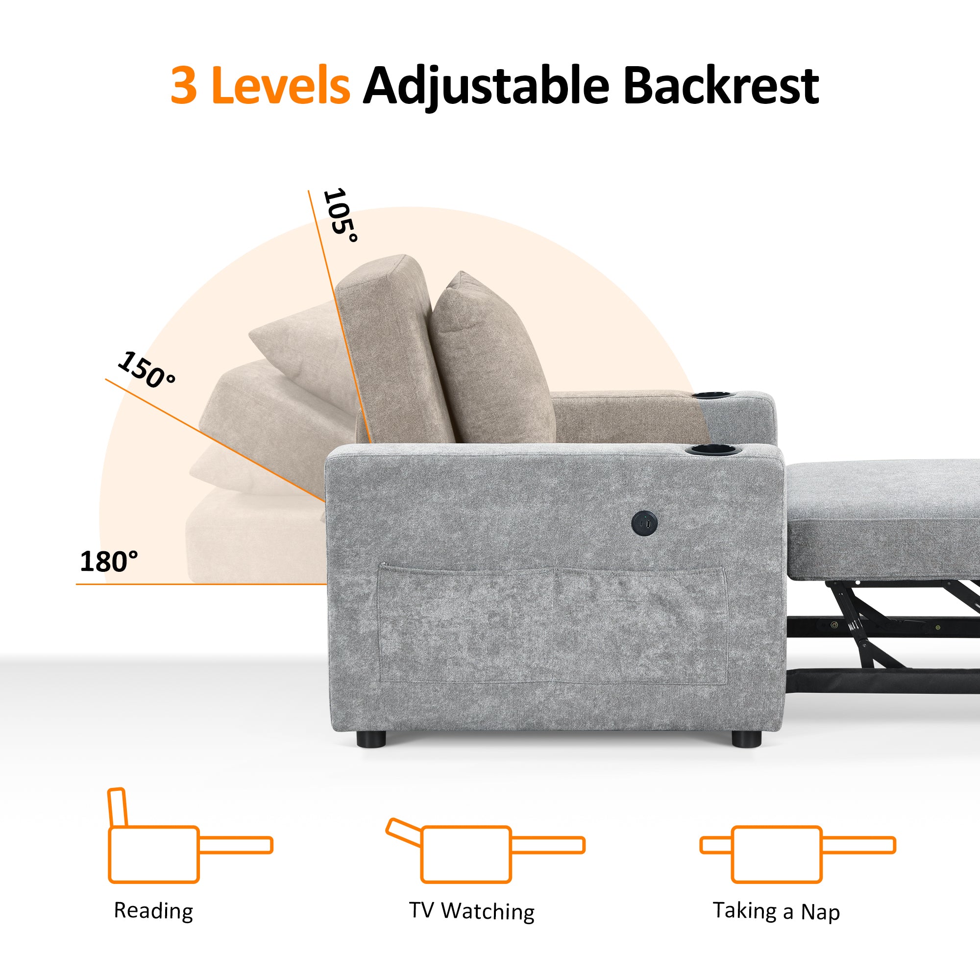 MCombo Convertible Sleeper Chair Bed, 3-in-1 Folding Sofa Chair with Adjustable Backrest, Pull-Out Bed with USB Port, Cup Holders, Linen Fabric, for Small Spaces Living Room Guest Room Office VN6001