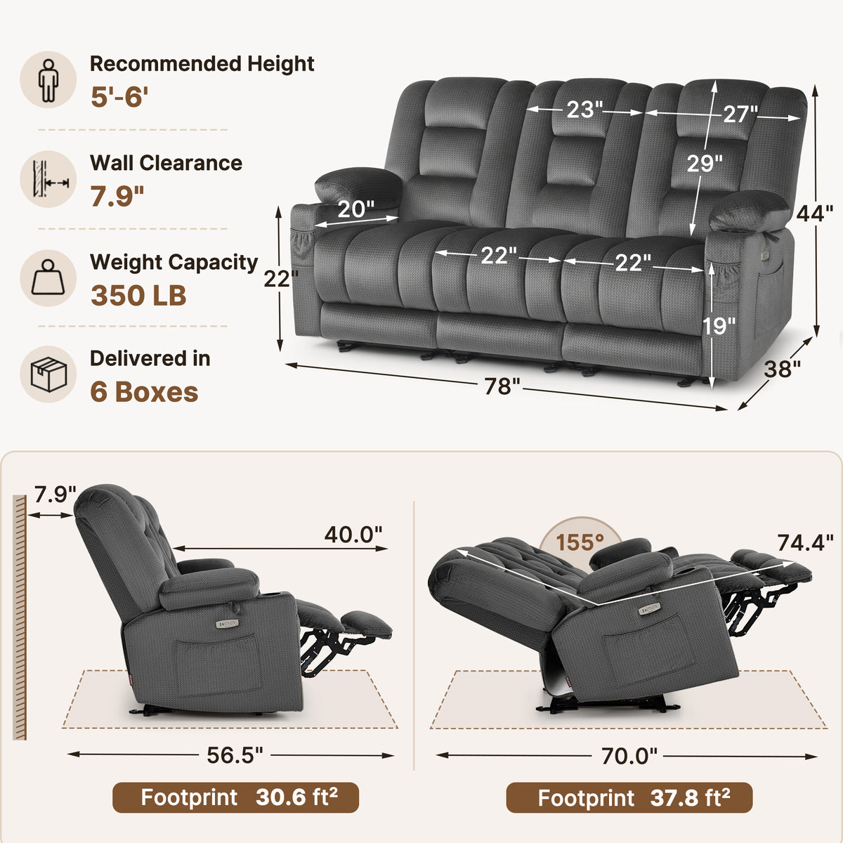 82 in 3 Seater Reclining Sofa with Heat and Massage PR648M3