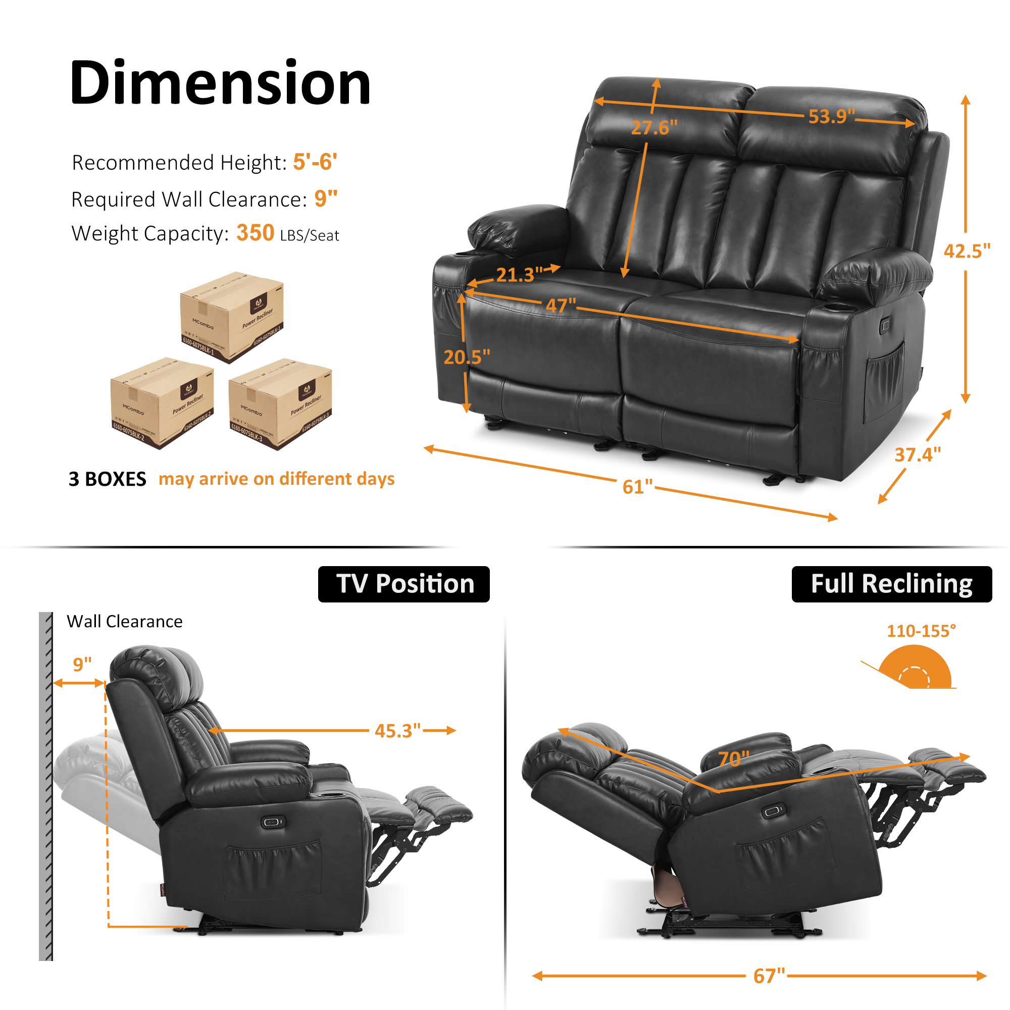 61 in Power Reclining Loveseat with Heat and Massage 6075
