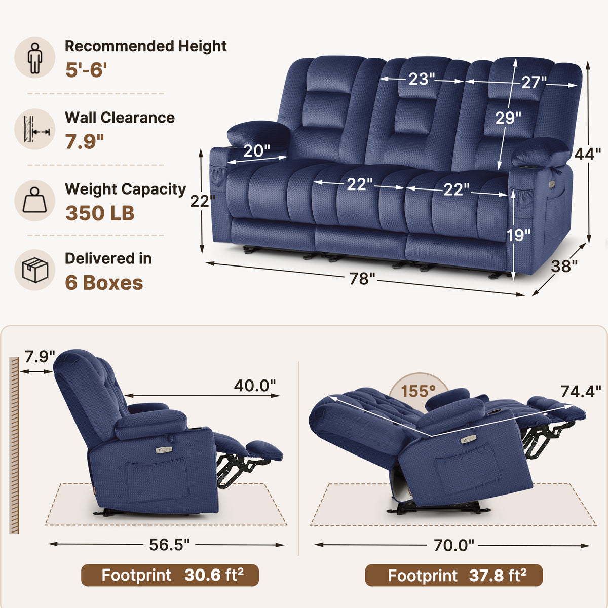82 in 3 Seater Reclining Sofa with Heat and Massage PR648M3
