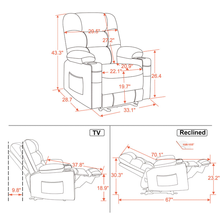 MCombo Power Recliner Chair, Electric Reclining with Heat and Massage for Adult, Cup Holder, USB Port, Extended Footrest, Breathable Leather Electric Reliner Sofa Seat for Living Room, 6160-PR621 (No Lift)