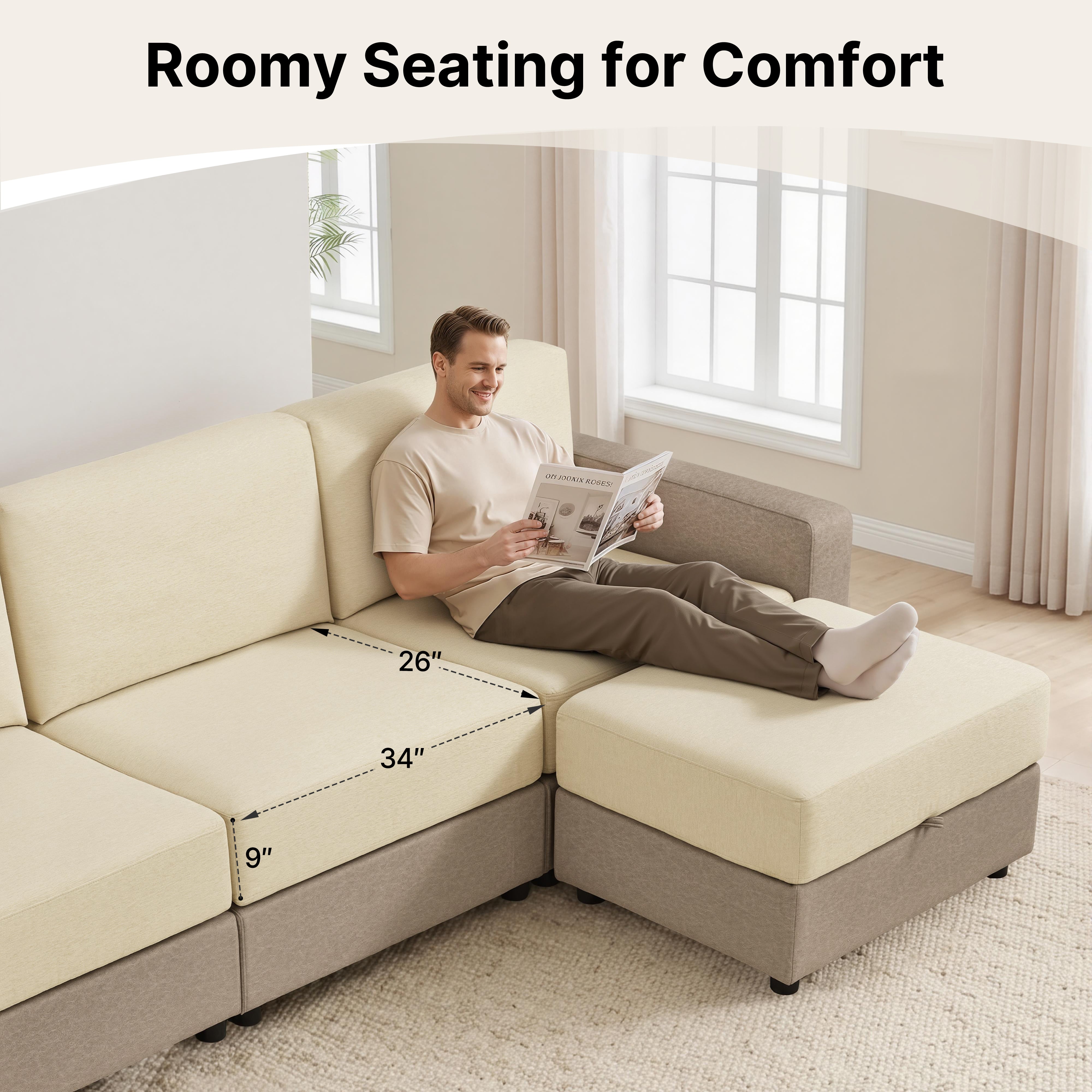 Oversized Sectional Sofa with 26" Deep Seat, Storage Ottoman, Pet-Friendly Fabric S6366
