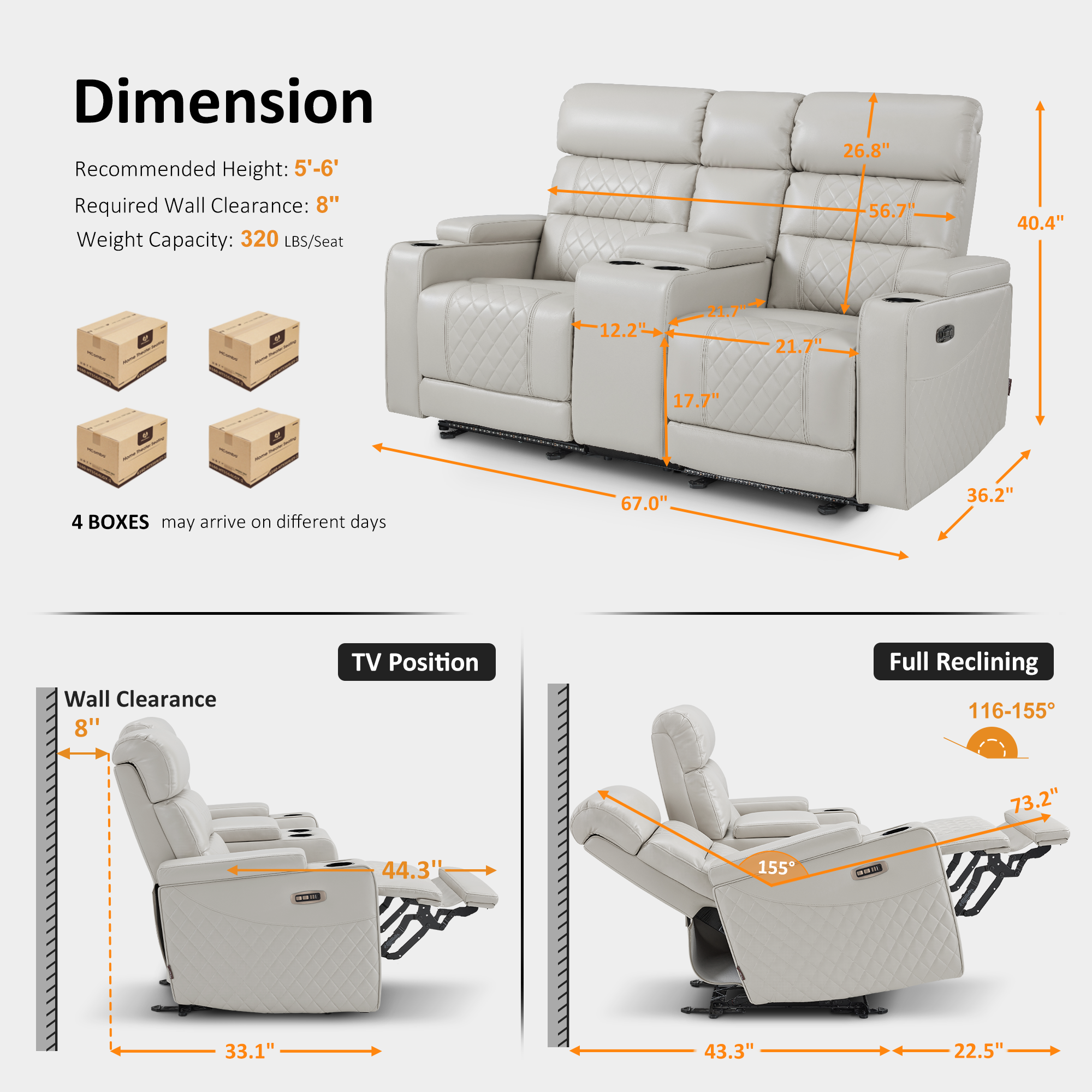 Power Reclining Loveseat with Console, Home Theater Seating, Faux leather HTS480