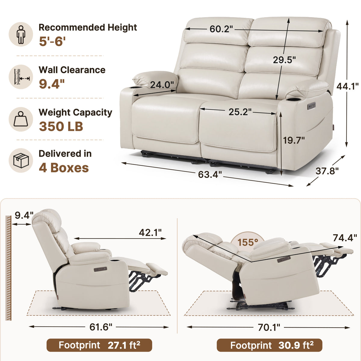 64 in Oversized Reclining Loveseat with Heat & Massage 6711