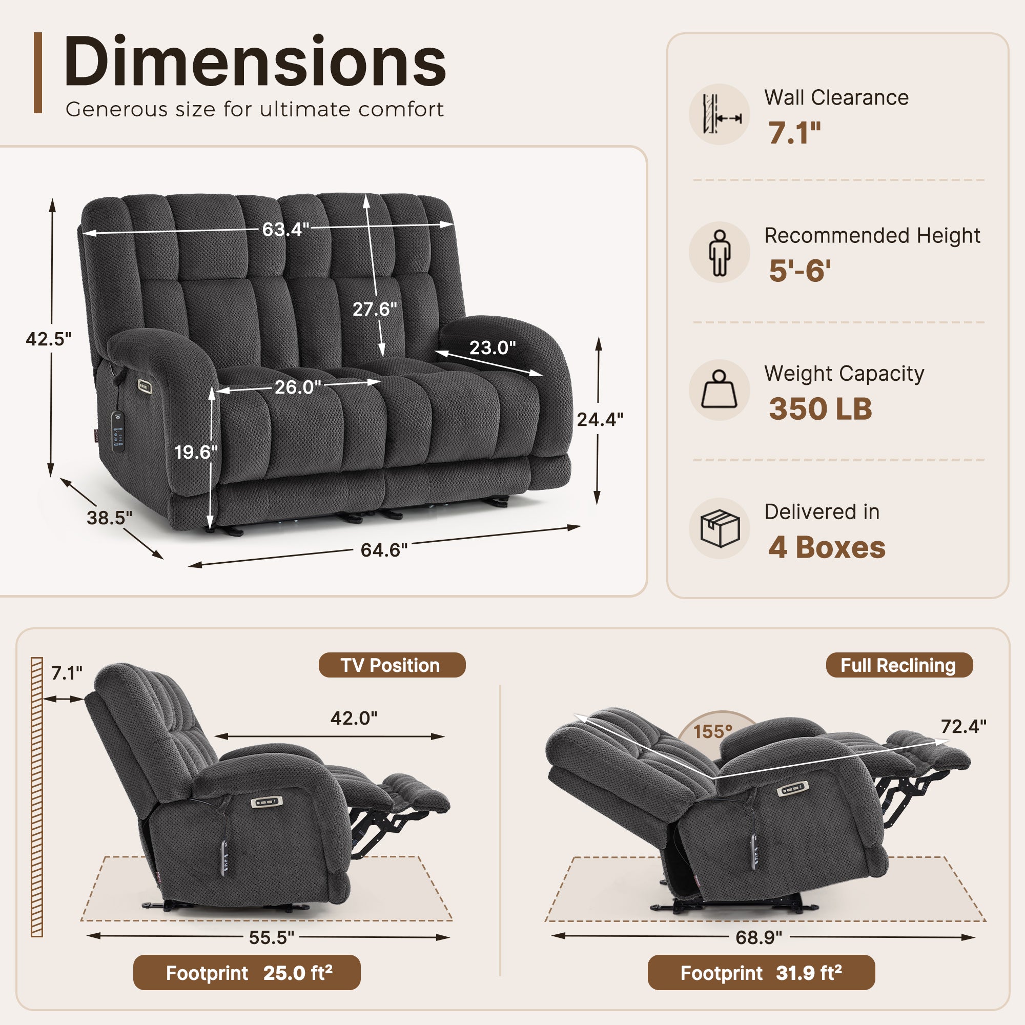 Power Reclining Loveseat with Heat and Massage, Fabric 6855