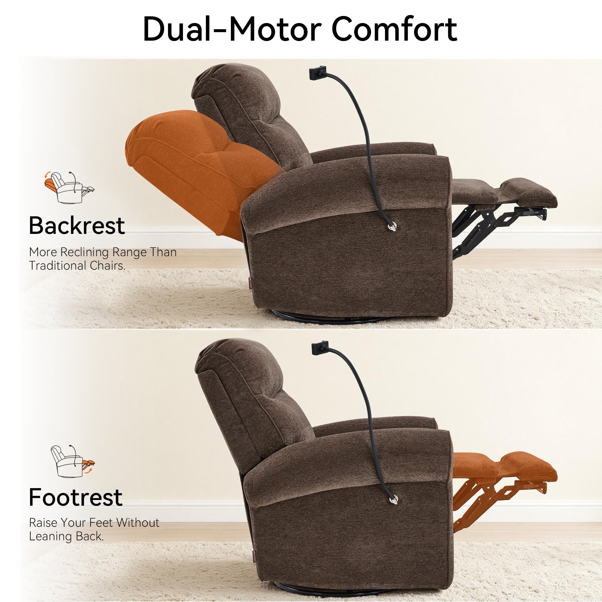 Triple Motor Power Swivel Rocker Recliner with Adjustable Headrest & Extended Footrest, Fabric PR638