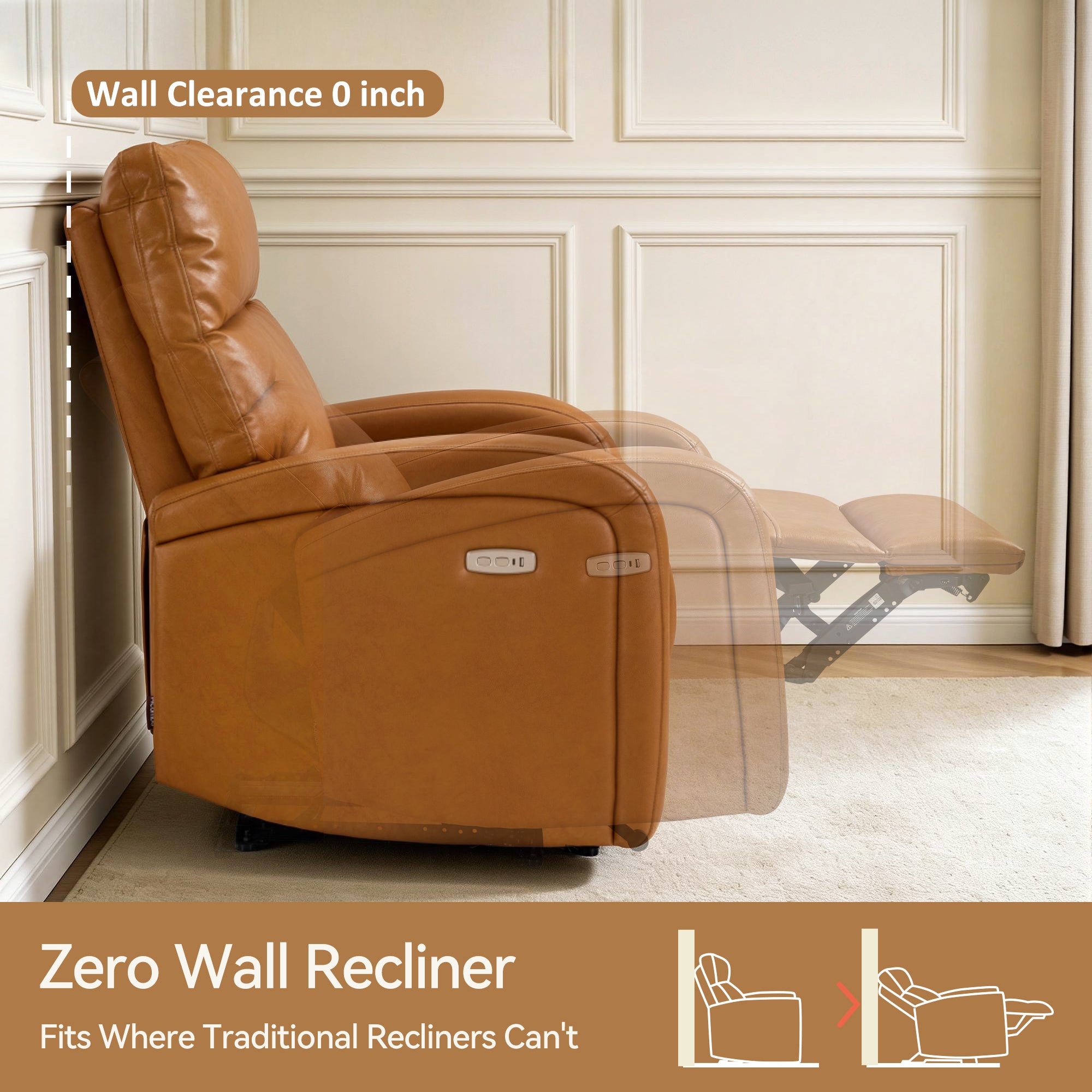 Zero Wall Recliner Chair, Power Recliner with USB & Type-C Dual Charge Ports, for Small Space, Living Room, RV PR644