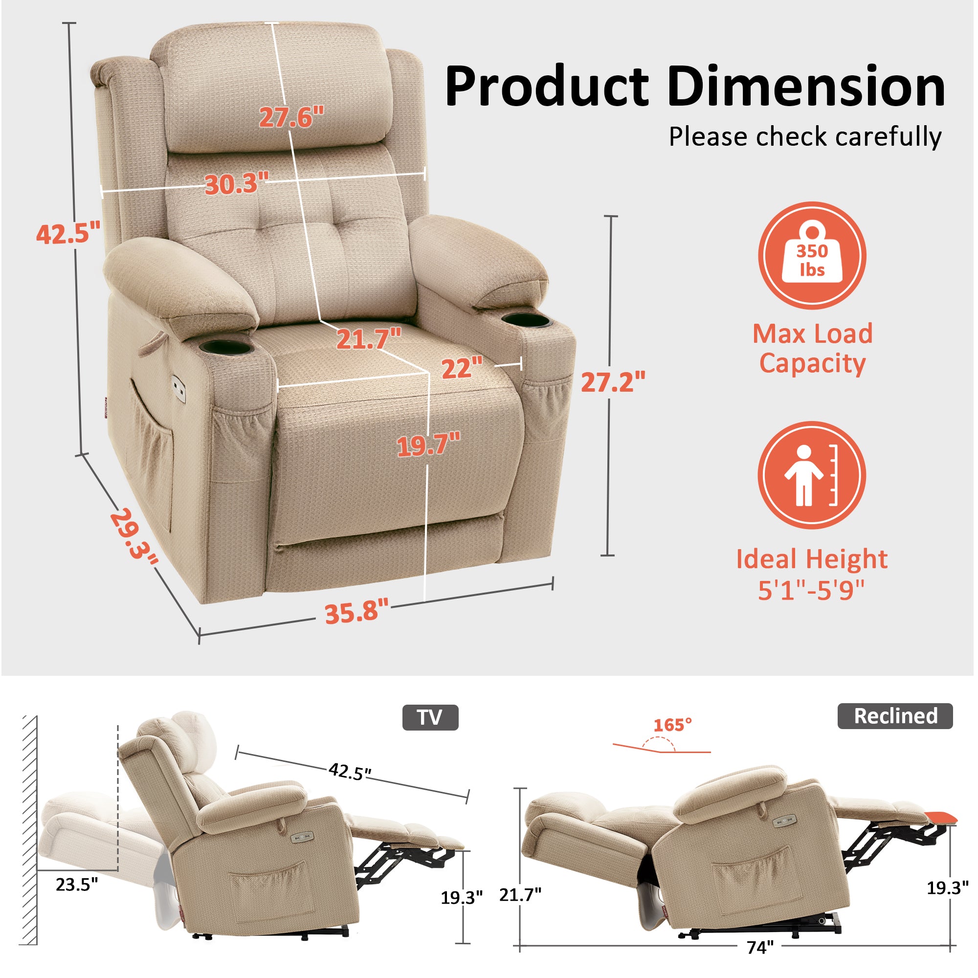 Power Lift Recliner Chair for Elderly, Triple Motor, Massage and Heat, Fabric 7661|7662|7664