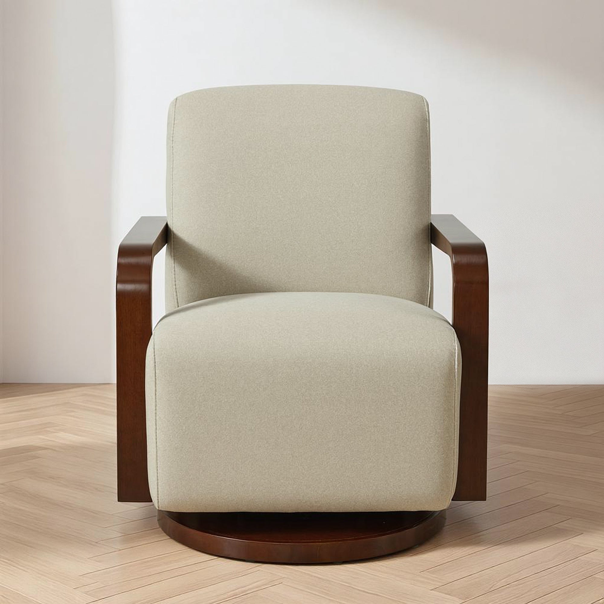 Swivel Glider Accent Chair, Wood Arm, Pet-Friendly Fabric, Classic Style for Living Room & Bedroom
