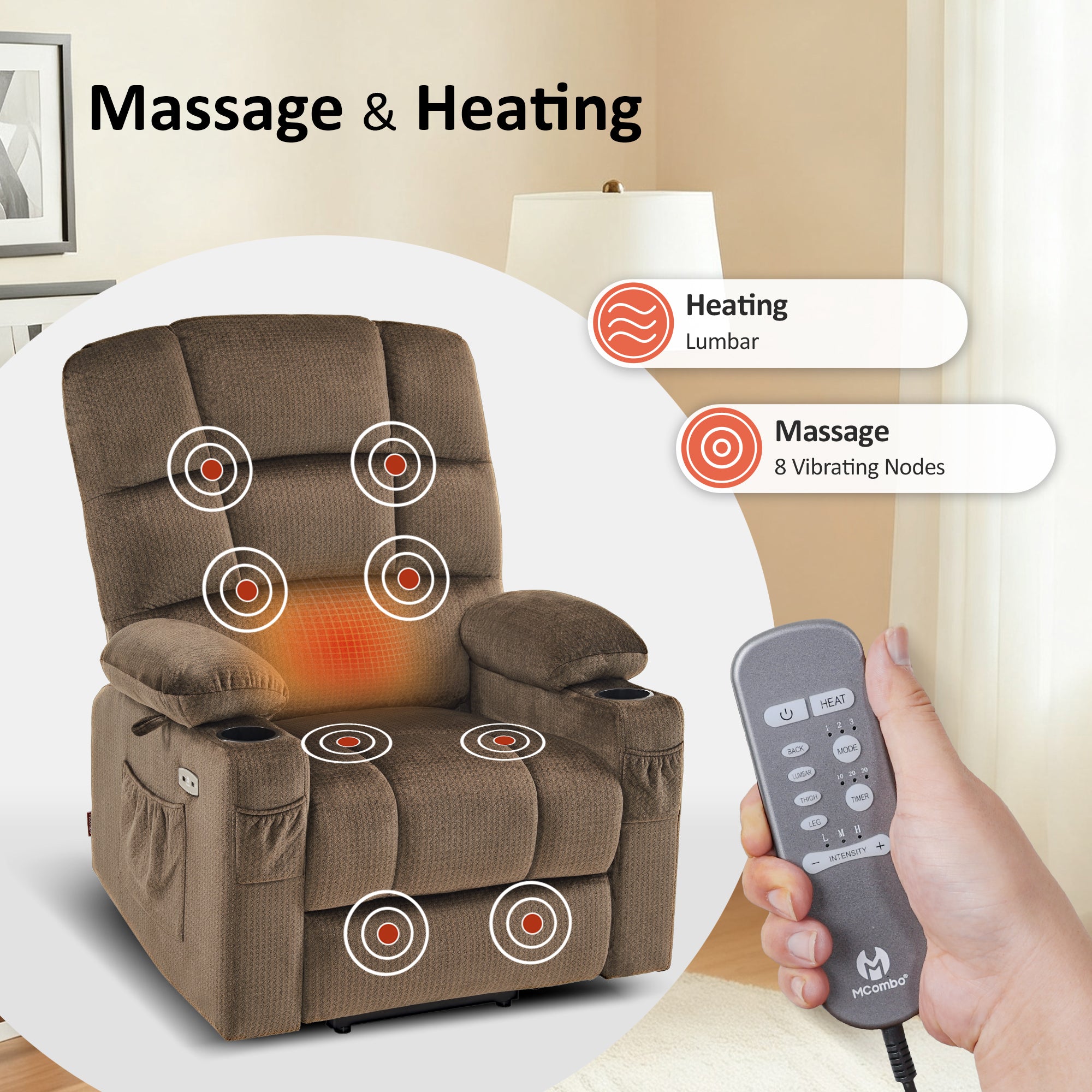 Power Lift Recliner Chair for Elderly, Dual Motor, Massage and Heat, Fabric 7680|7679|R7688|R7677