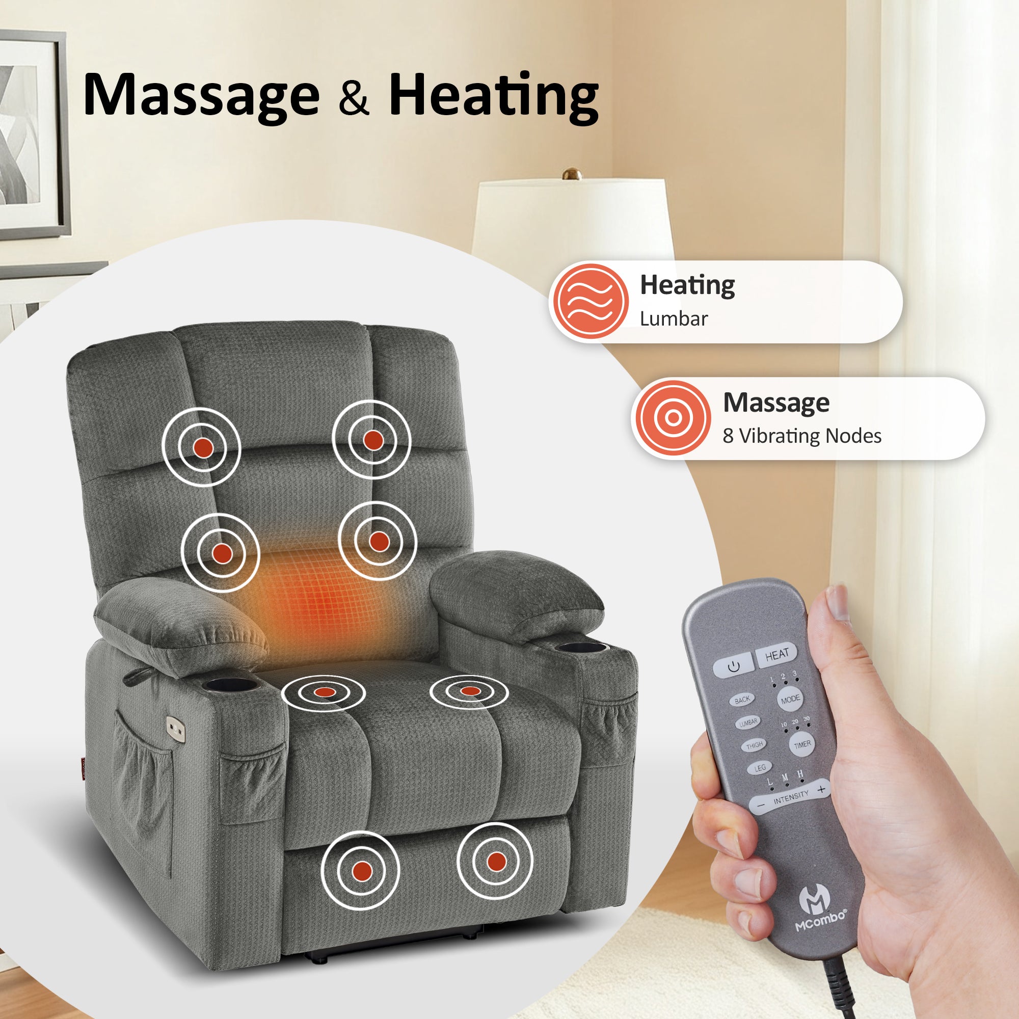 Power Lift Recliner Chair, Dual Motor, Massage and Heat, Fabric 7680|7679|R7688|R7677