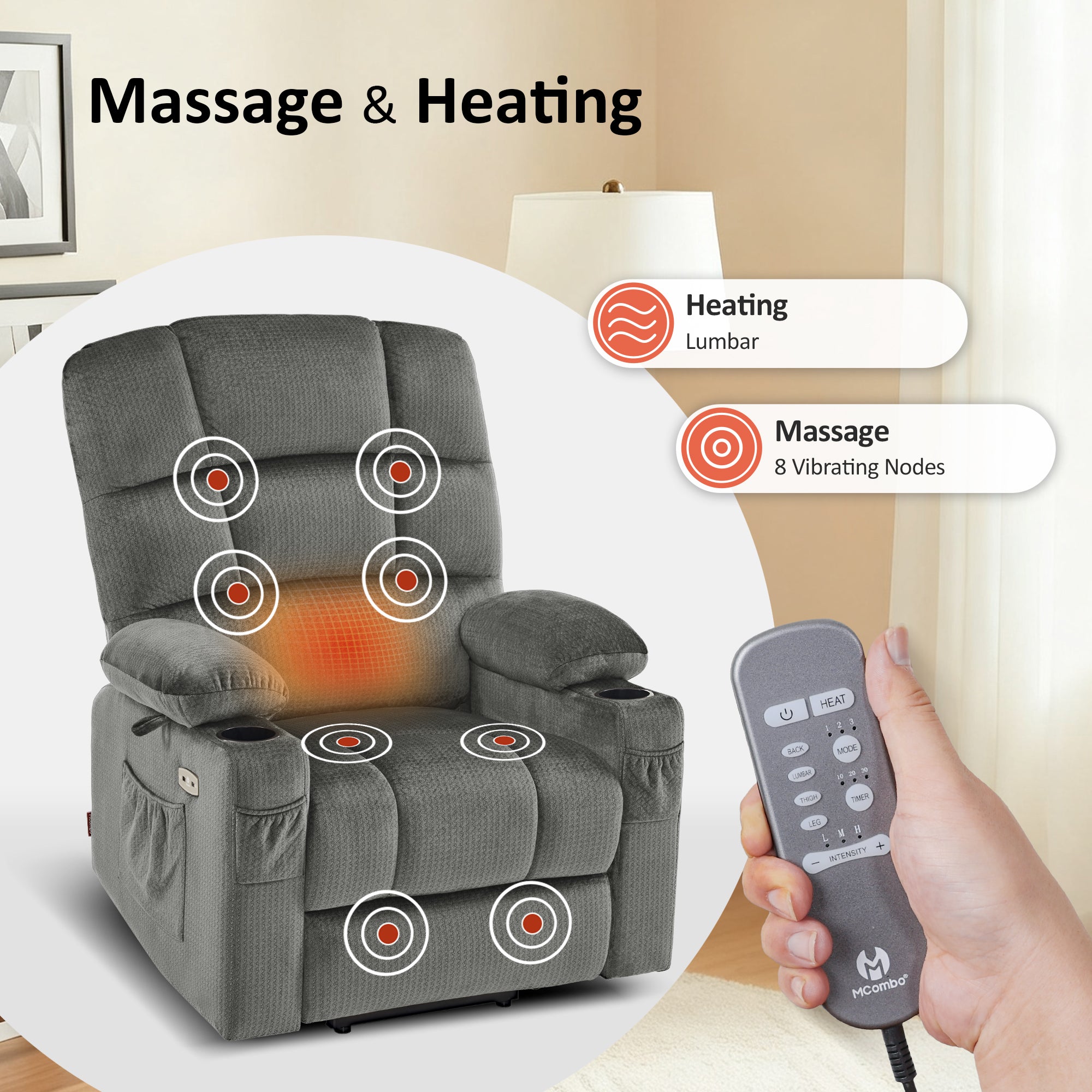 Power Lift Recliner Chair for Elderly, Dual Motor, Massage and Heat, Fabric 7680|7679|R7688|R7677