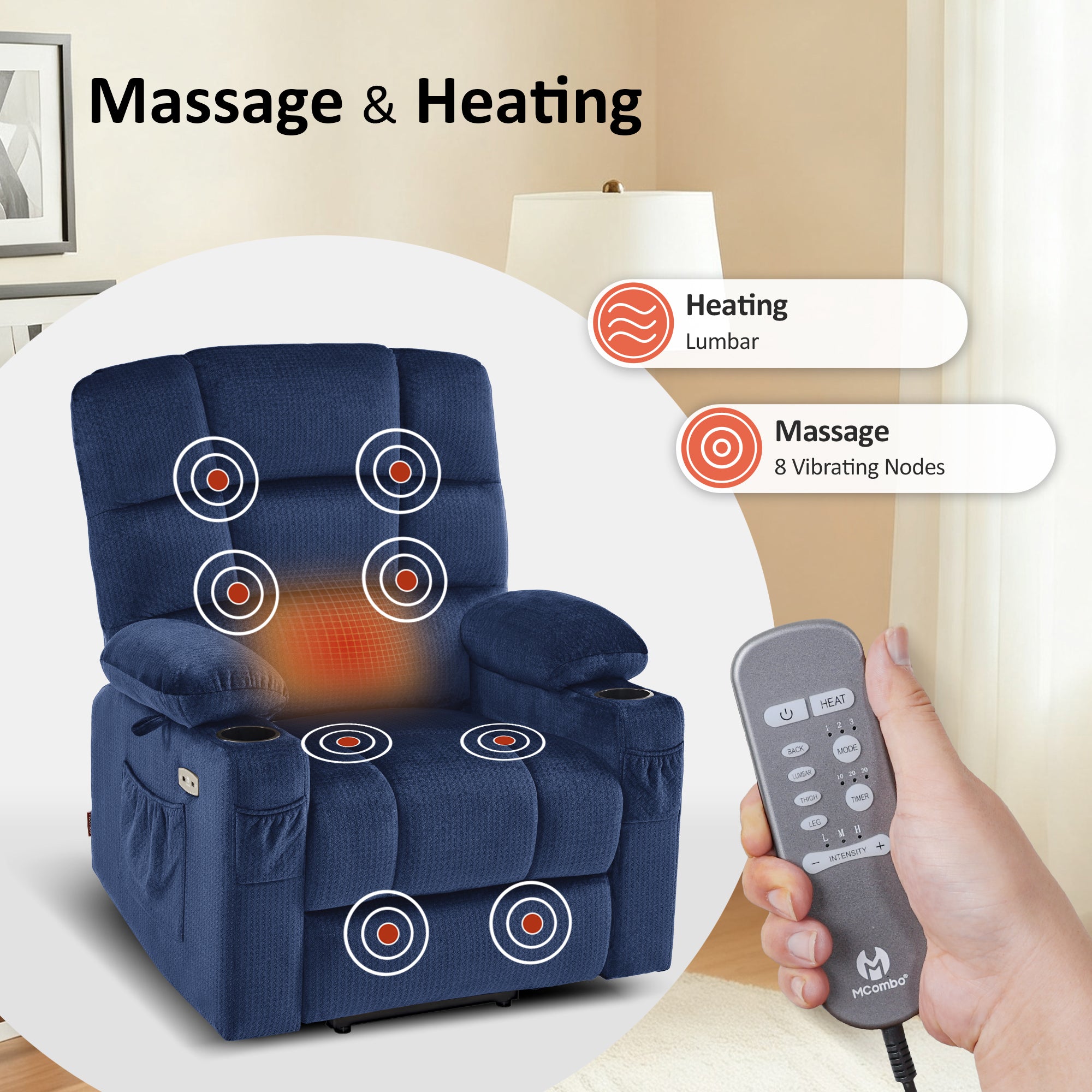 Power Lift Recliner Chair, Dual Motor, Massage and Heat, Fabric 7680|7679|R7688|R7677