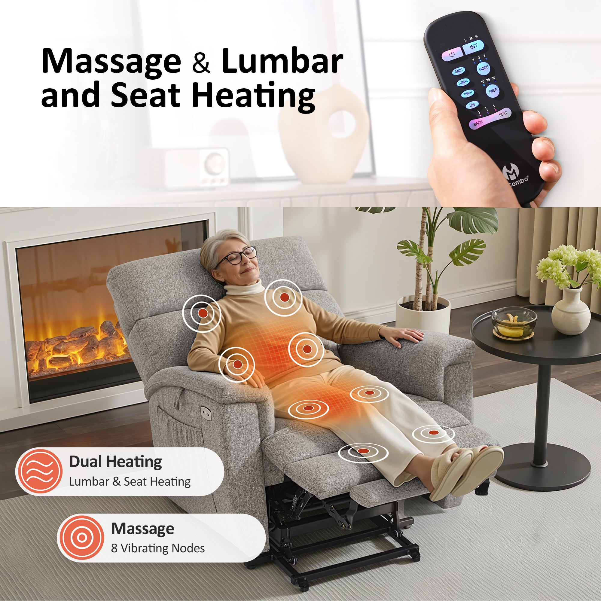 Power Lift Recliner Chair for Elderly, Massage and Heat, Fabric R7605