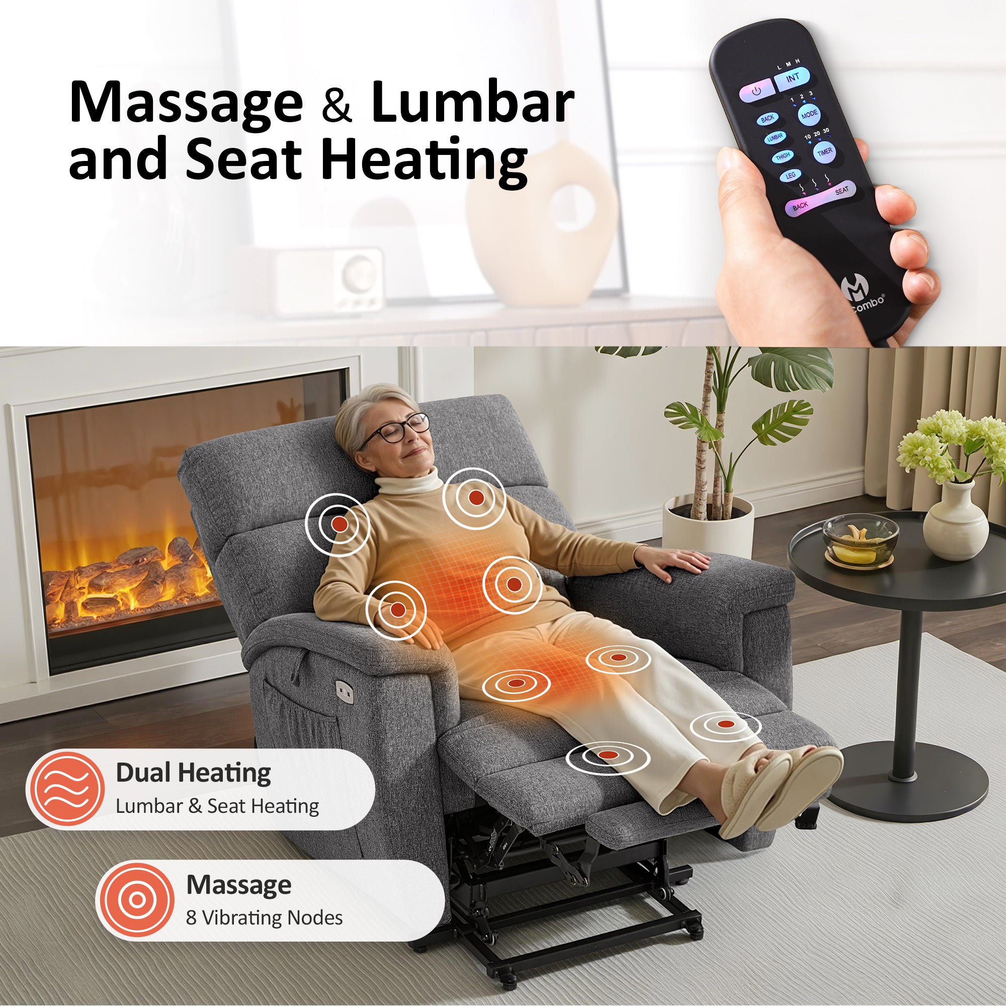Power Lift Recliner Chair for Elderly, Massage and Heat, Fabric R7605