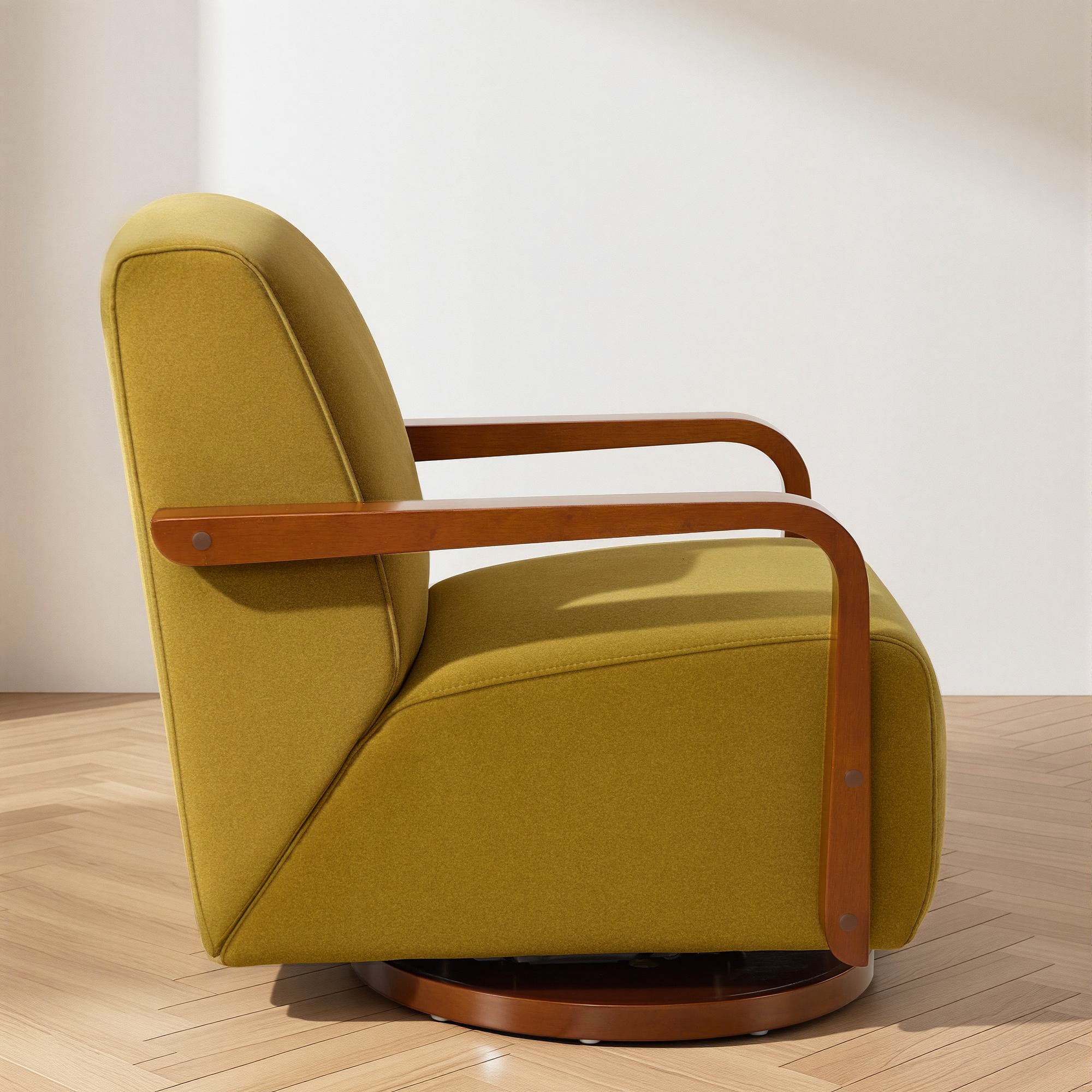 Swivel Glider Accent Chair, Wood Arm, Pet-Friendly Fabric, Classic Style for Living Room & Bedroom