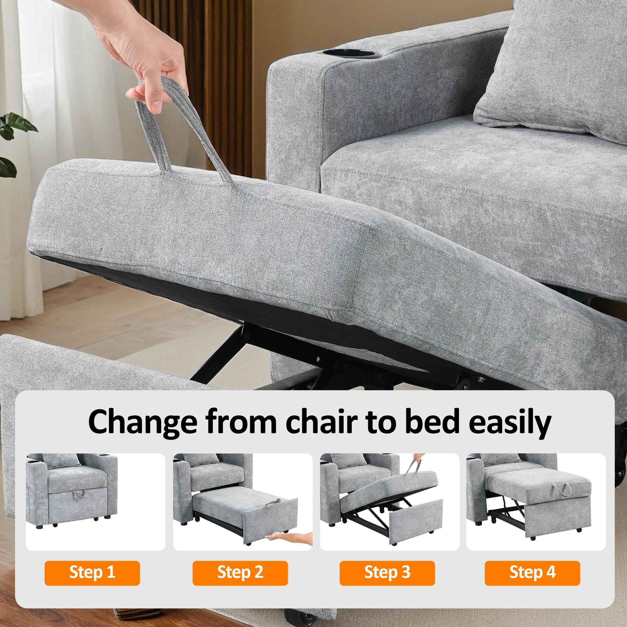 MCombo Convertible Sleeper Chair Bed, 3-in-1 Folding Sofa Chair with Adjustable Backrest, Pull-Out Bed with USB Port, Cup Holders, Linen Fabric, for Small Spaces Living Room Guest Room Office VN6001