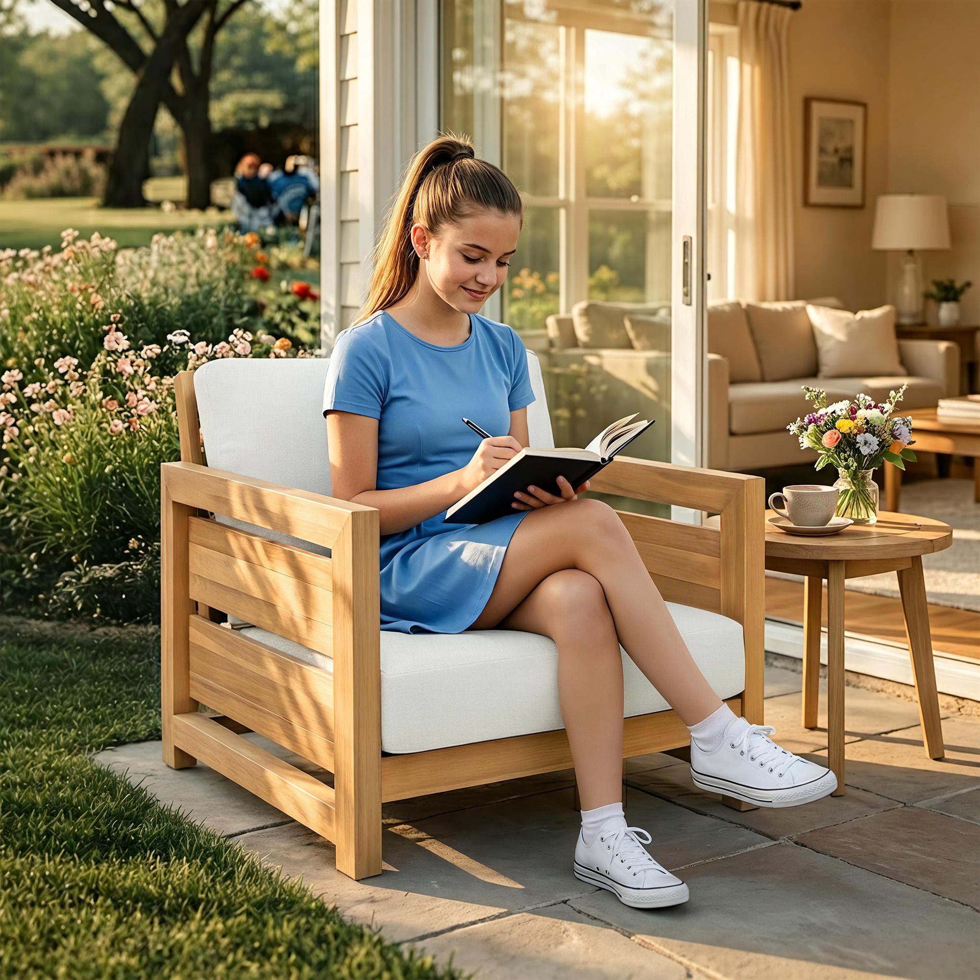 Patio Chair, Outdoor Furniture with Acacia Wood Frame, Olefin Fabric, and Removable Cushions for Backyard, Deck, Indoor OF124